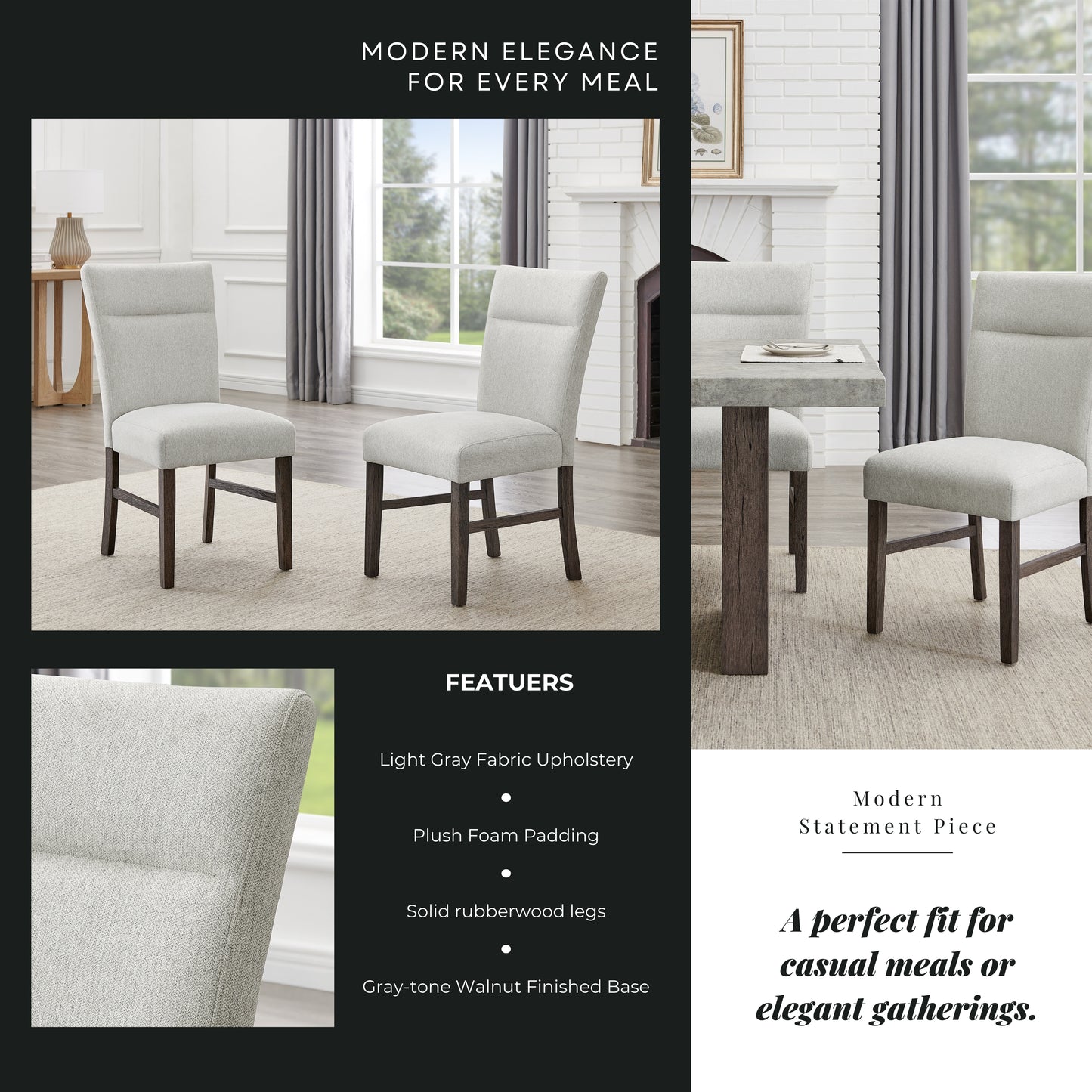 Roundhill Furniture Sorlen Modern Gray Upholstered Dining Chairs, Set of 2
