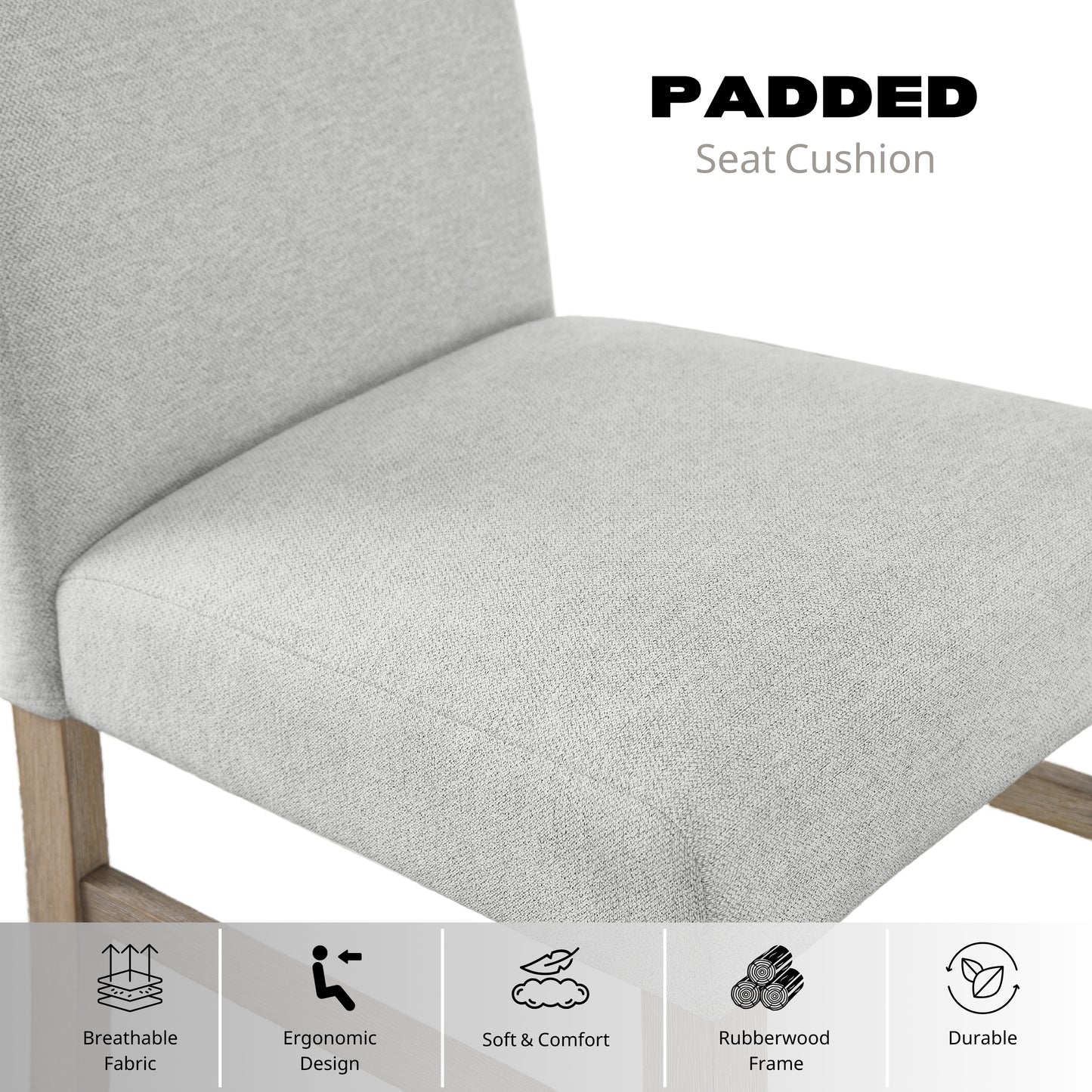 Roundhill Furniture Zelalle Upholstered Dining Chair, Light Gray Fabric with Rubberwood Legs, Set of 2