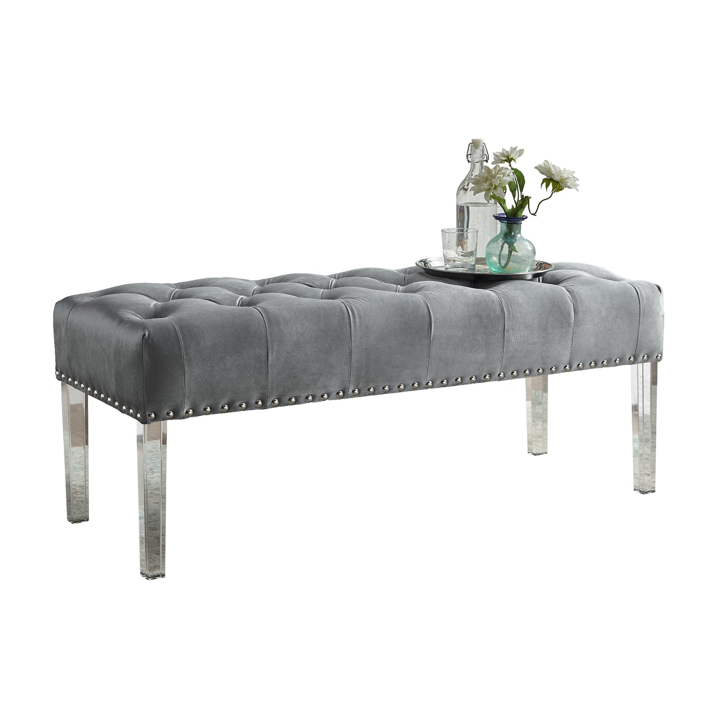 Roundhill Furniture Valley Button tufted Velvet Upholstered Bench With Acrylic Leg, Gray
