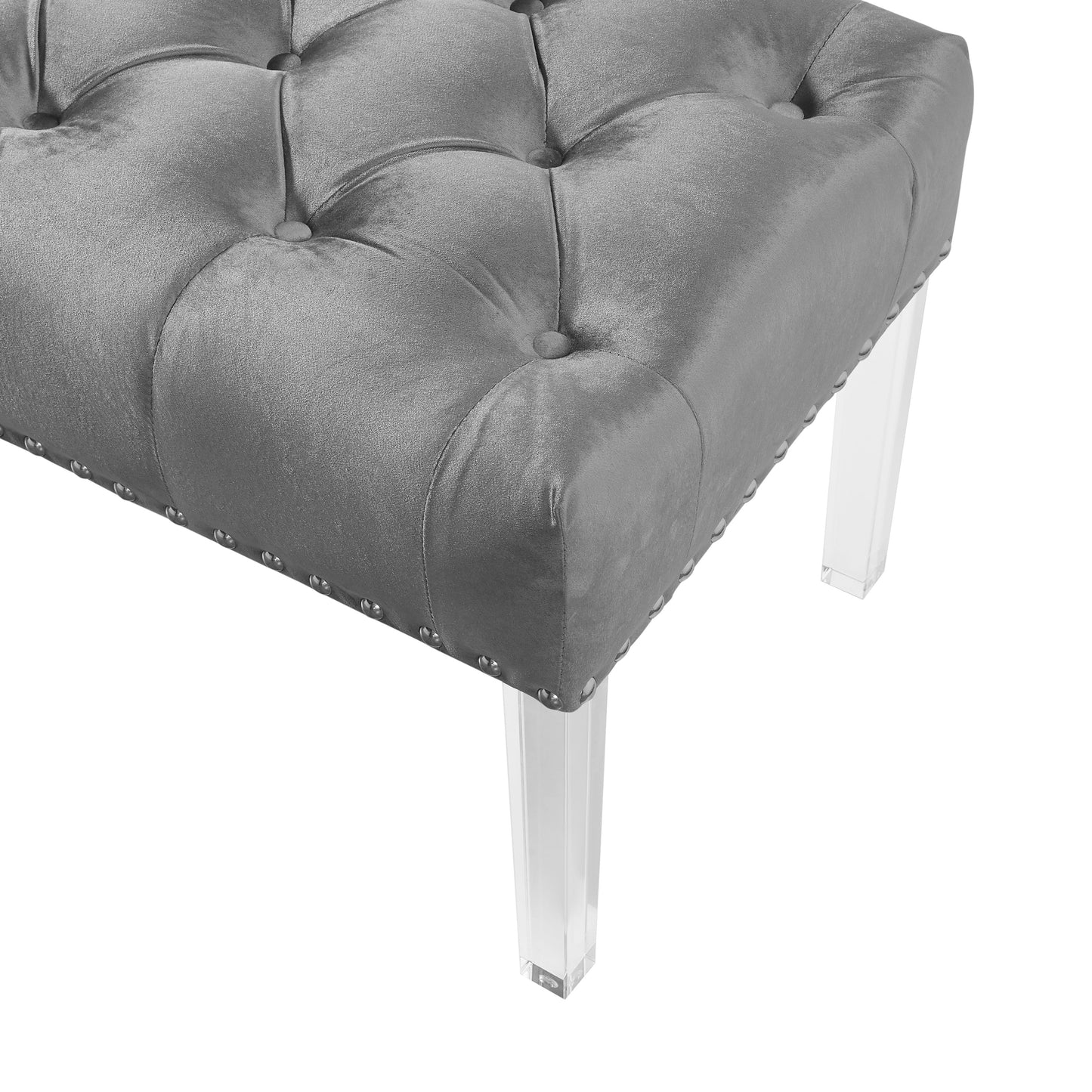 Roundhill Furniture Valley Button tufted Velvet Upholstered Bench With Acrylic Leg, Gray