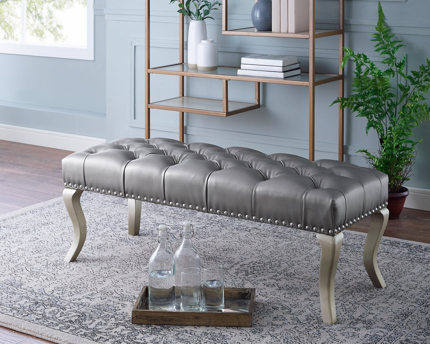 Roundhill Furniture Decor Maxem Tufted Faux Leather Upholstered Seat with Nailhead Trim Bench