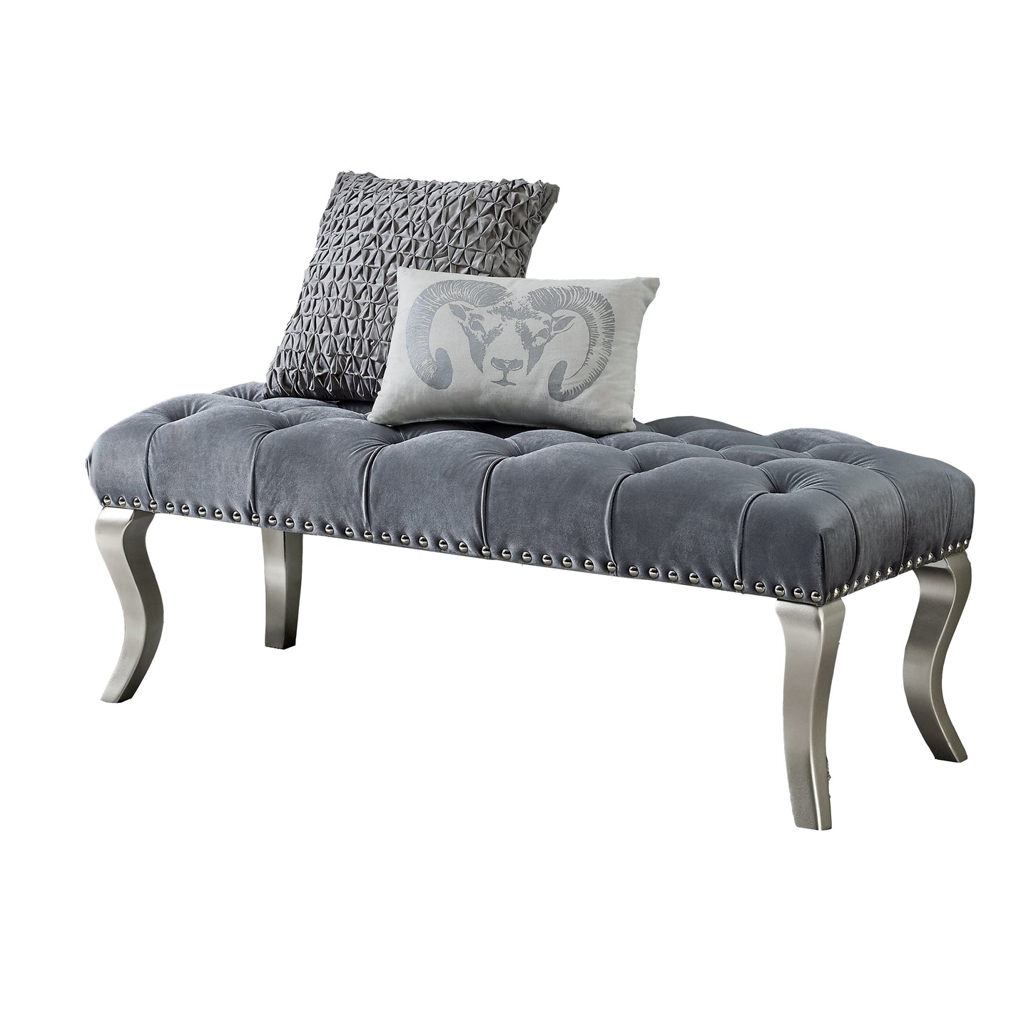 Roundhill Furniture Decor Maxem Tufted Fabric Upholstered Seat with Nailhead Trim Bench, Gray