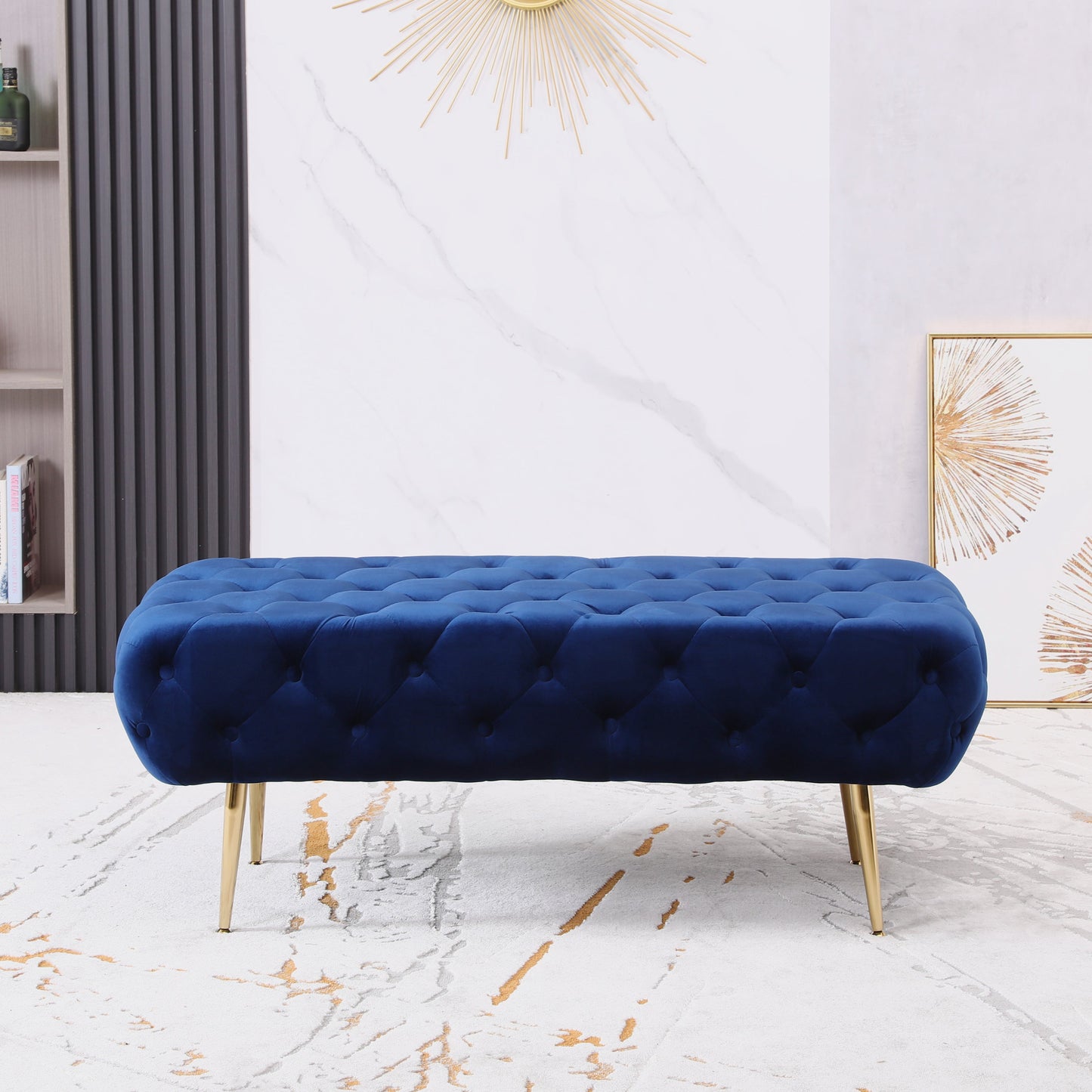 Roundhill Furniture Sira Velvet Button Tufted Bench with Gold Metal Legs, Blue