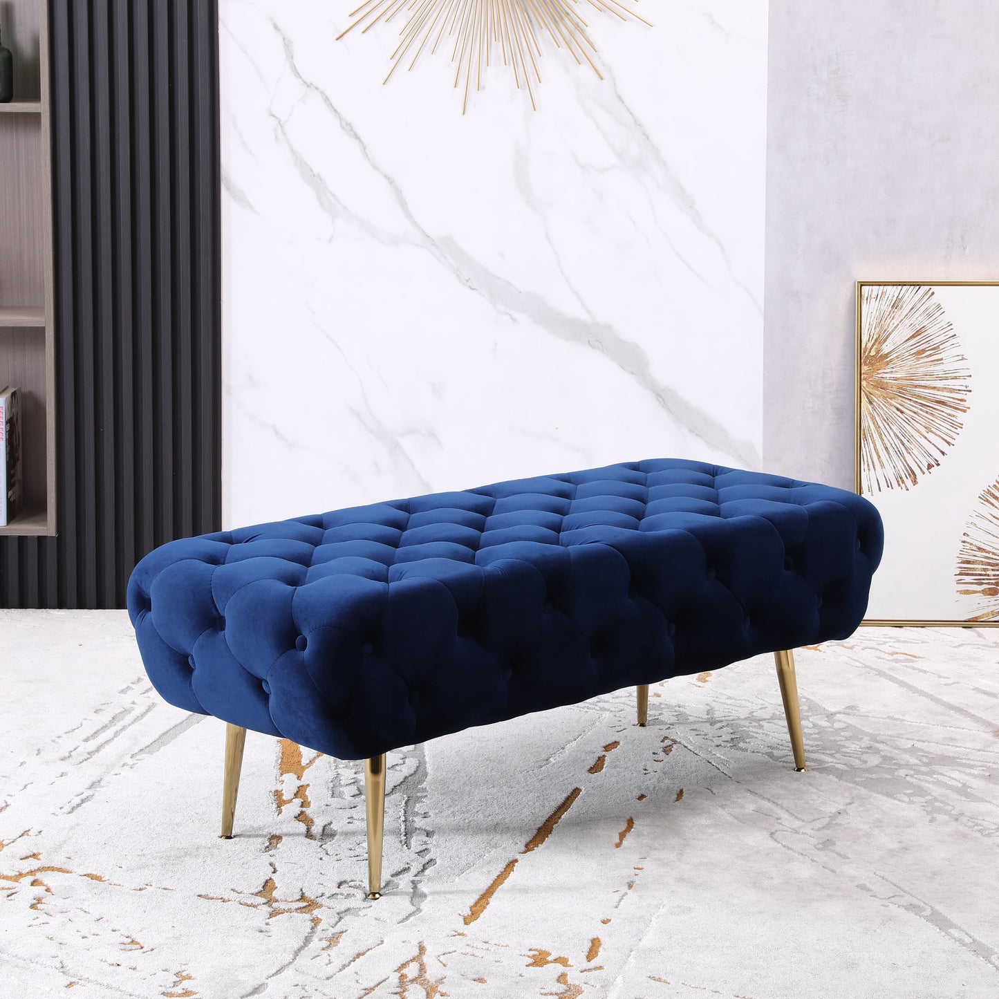 Roundhill Furniture Sira Velvet Button Tufted Bench with Gold Metal Legs, Blue