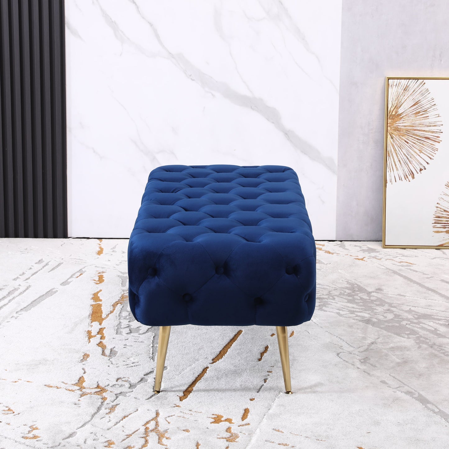 Roundhill Furniture Sira Velvet Button Tufted Bench with Gold Metal Legs, Blue