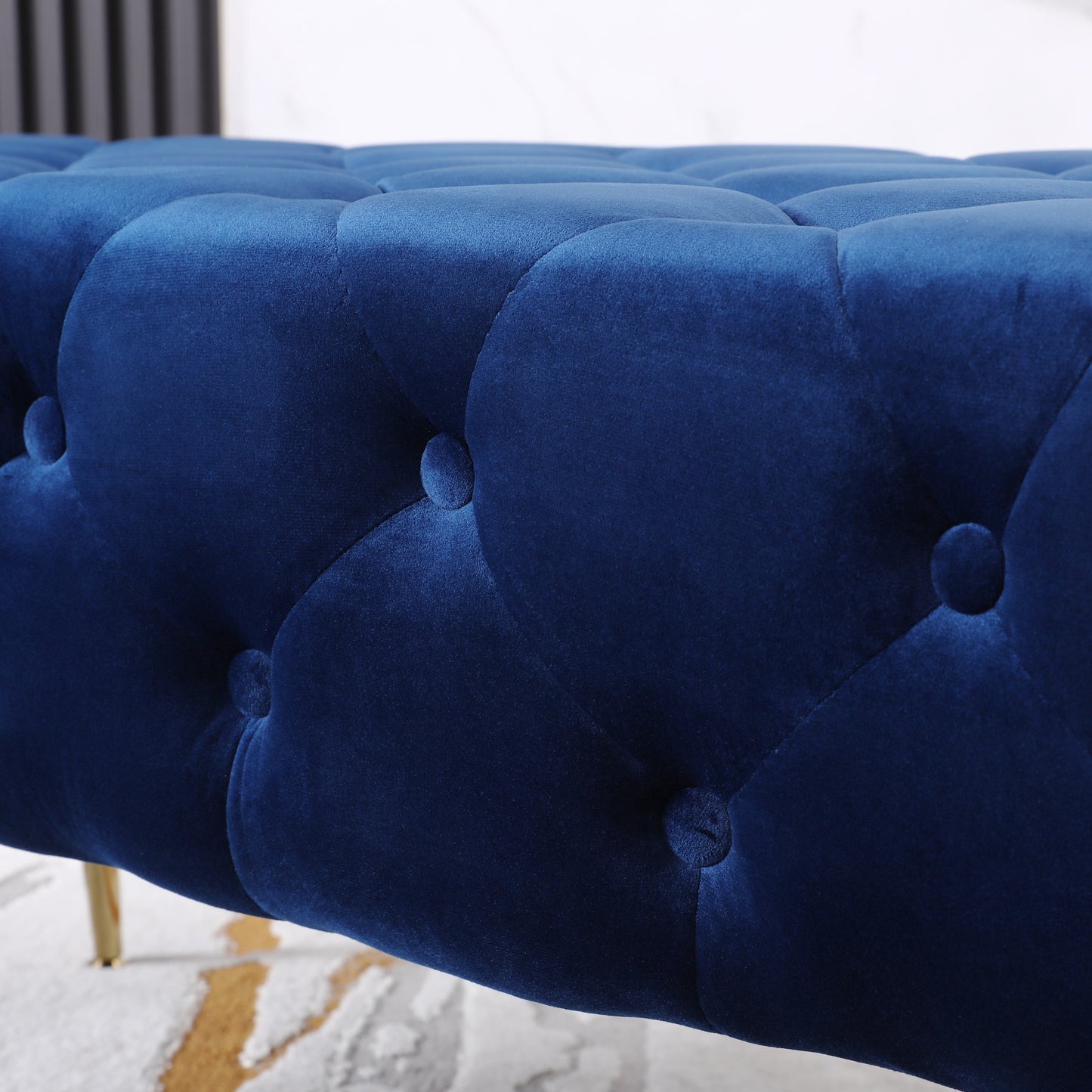 Roundhill Furniture Sira Velvet Button Tufted Bench with Gold Metal Legs, Blue