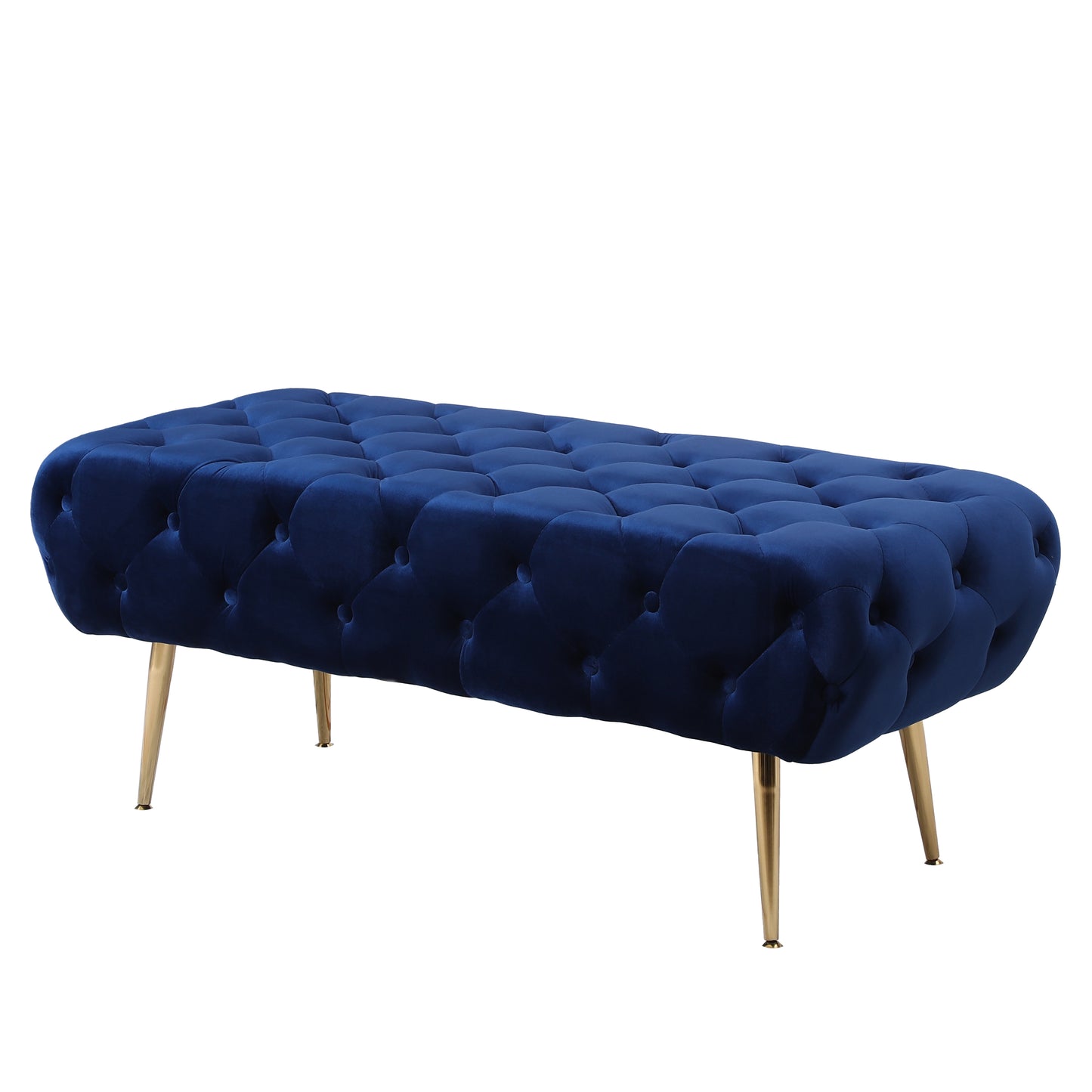 Roundhill Furniture Sira Velvet Button Tufted Bench with Gold Metal Legs, Blue