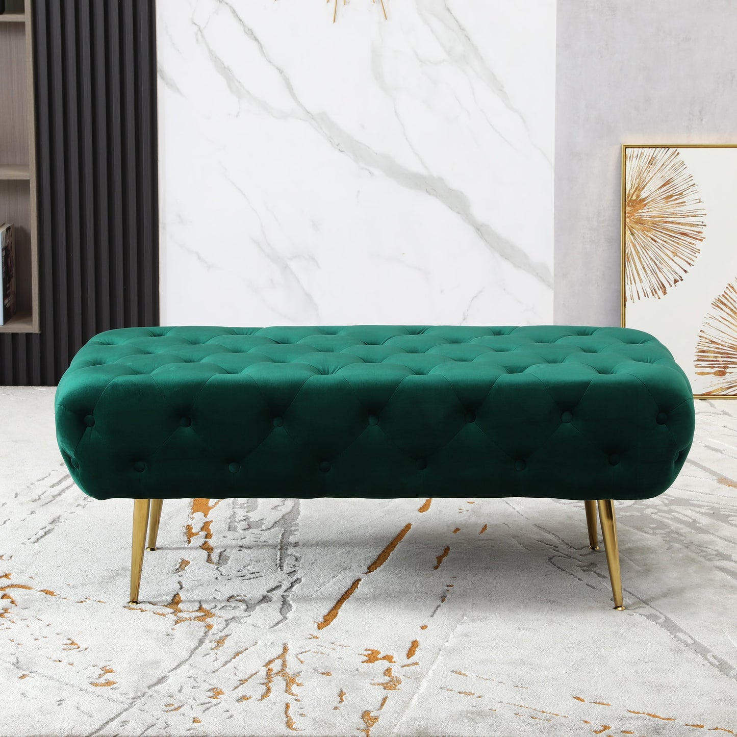 Roundhill Furniture Sira Velvet Button Tufted Bench with Gold Metal Legs, Green
