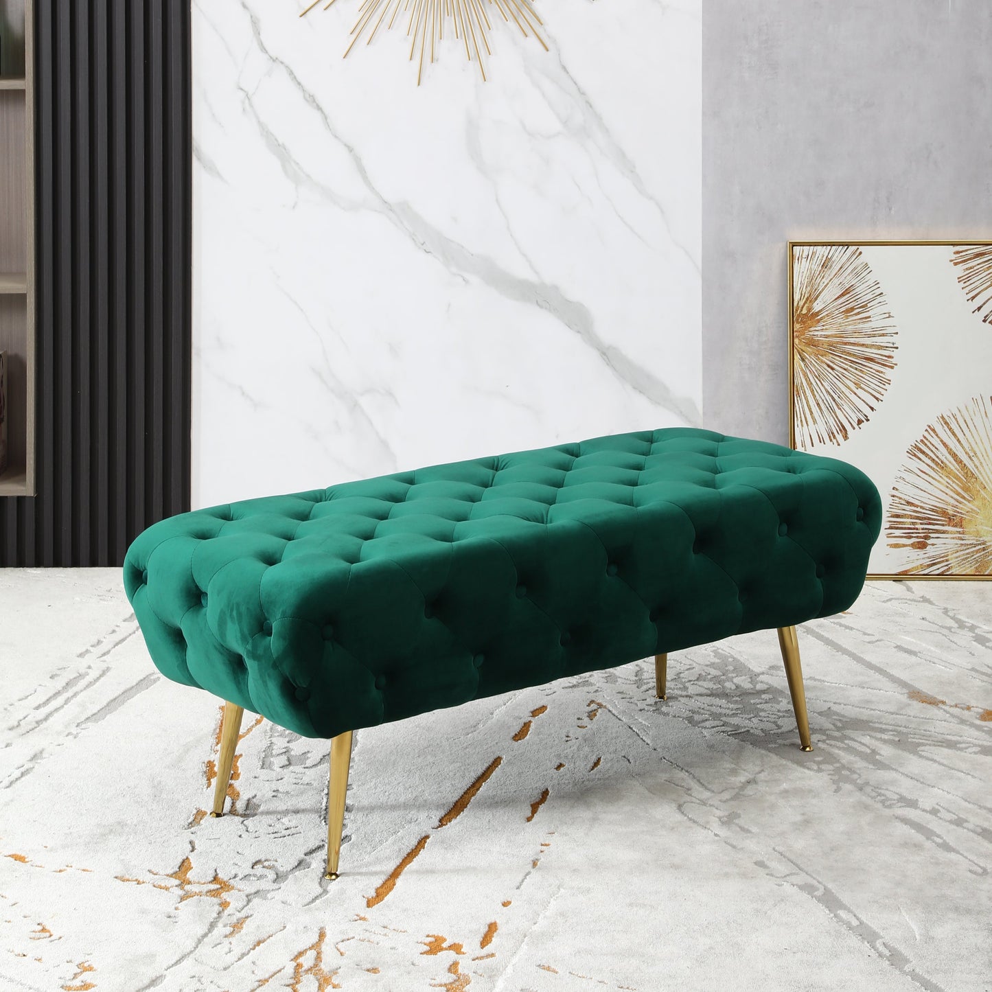 Roundhill Furniture Sira Velvet Button Tufted Bench with Gold Metal Legs, Green
