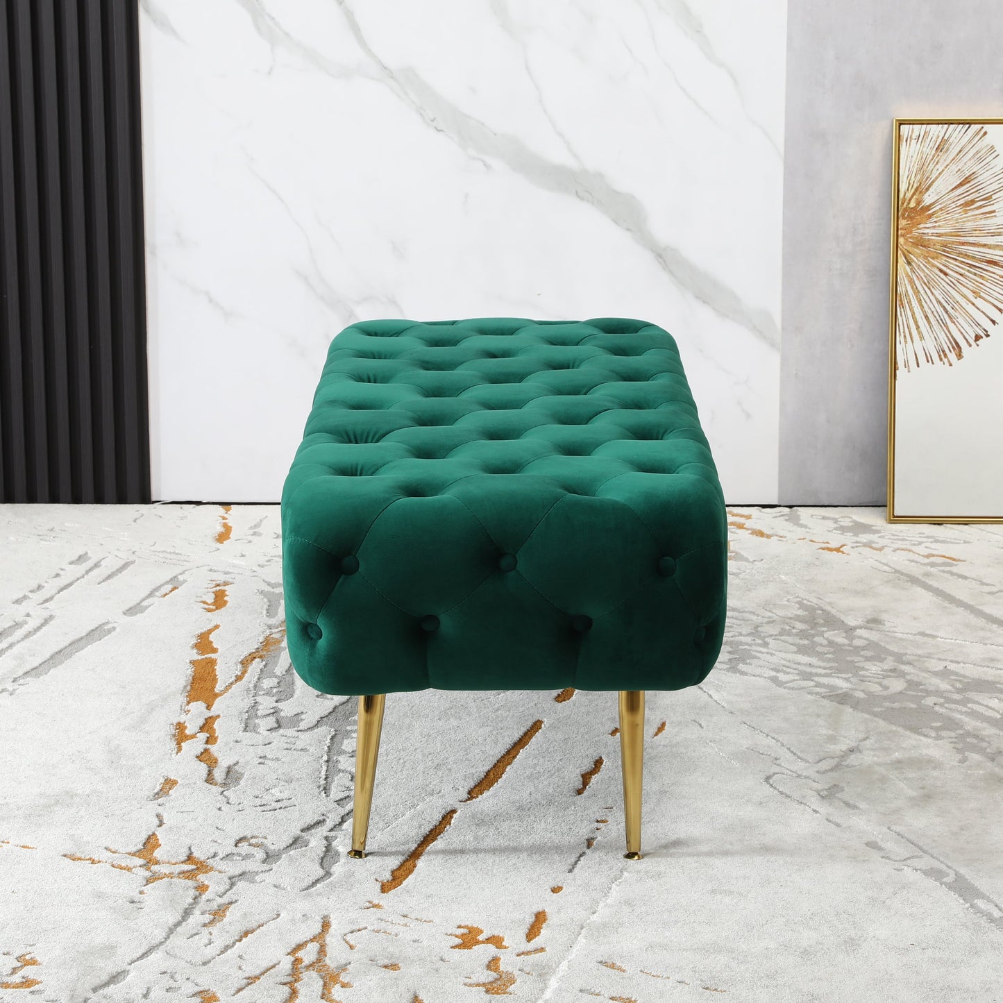 Roundhill Furniture Sira Velvet Button Tufted Bench with Gold Metal Legs, Green