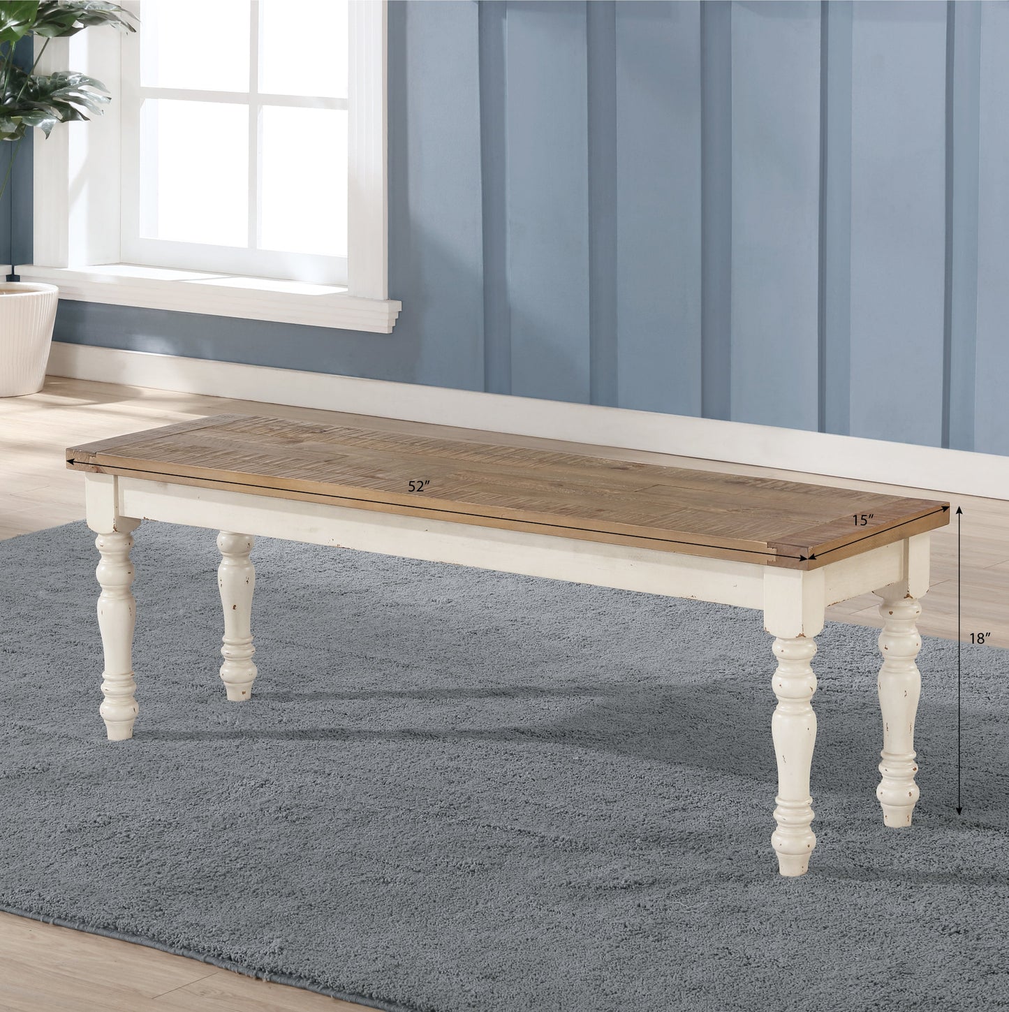 Prato Two-Tone Wood Dining Bench, Antique White and Distressed Oak