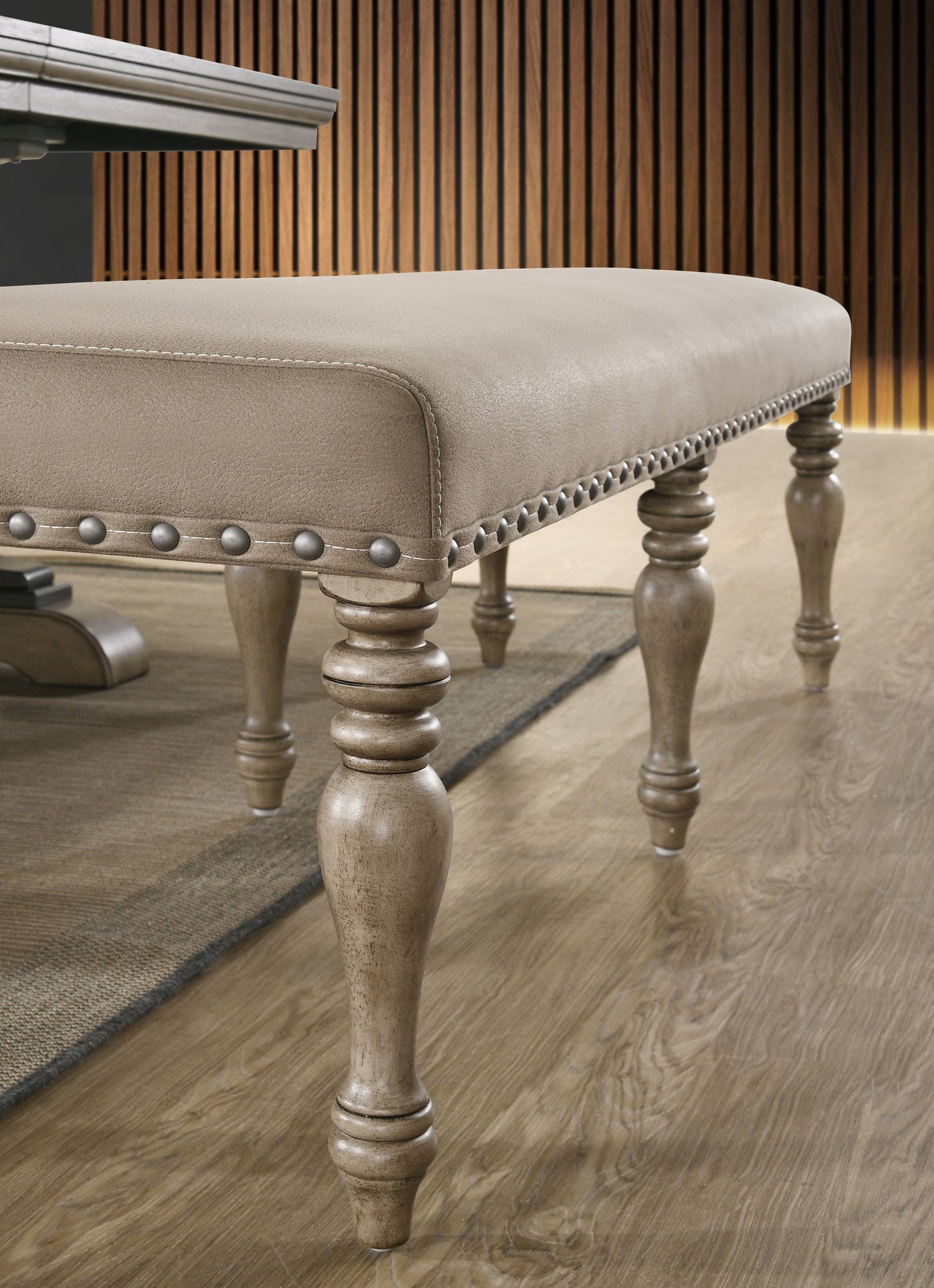 Roundhill Furniture Birmingham Microfiber Upholstered Bench with Nail Head Trim in Driftwood Finish
