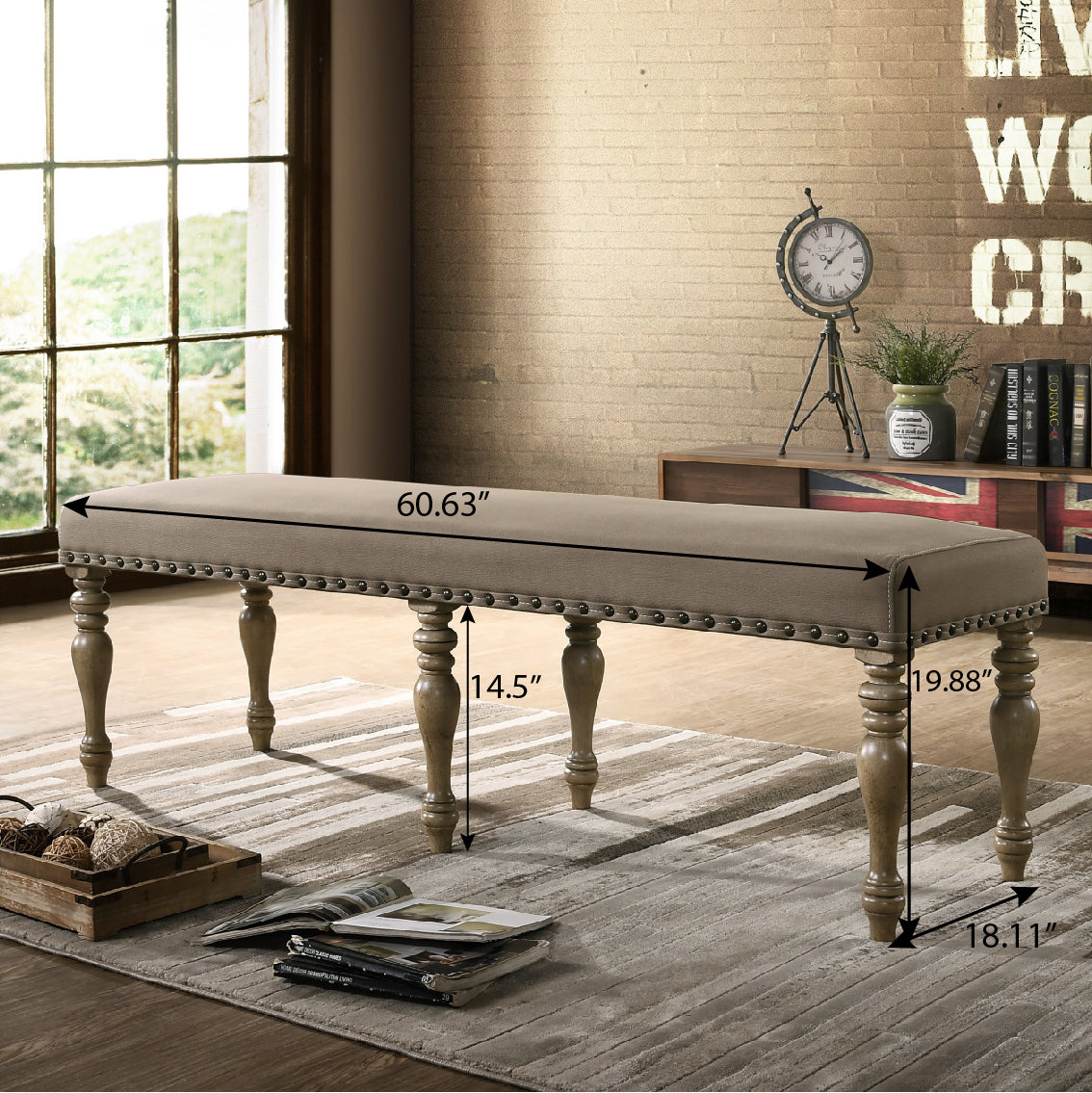 Roundhill Furniture Birmingham Microfiber Upholstered Bench with Nail Head Trim in Driftwood Finish
