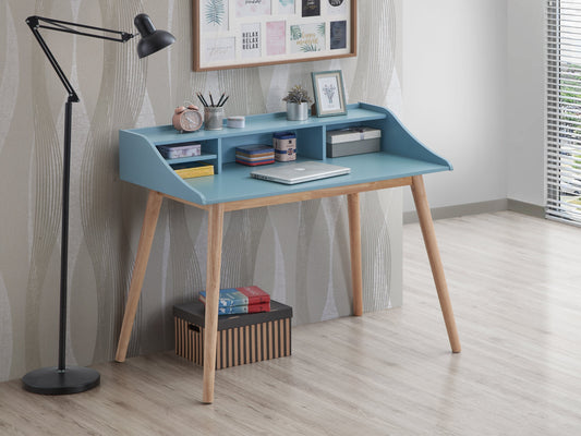 Roundhill Furniture Roskilde Mid-Century Modern Wood Writing Desk with Hutch, Blue