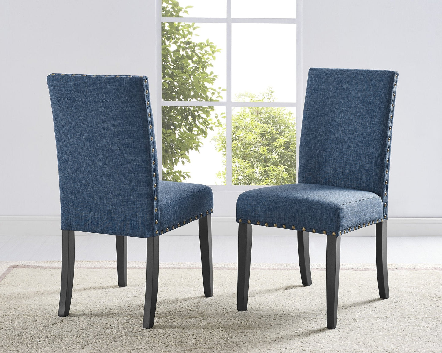 Roundhill Furniture Biony 5-Piece Wood Dining Set, Round Table with 4 Fabric Nailhead Chairs, Blue