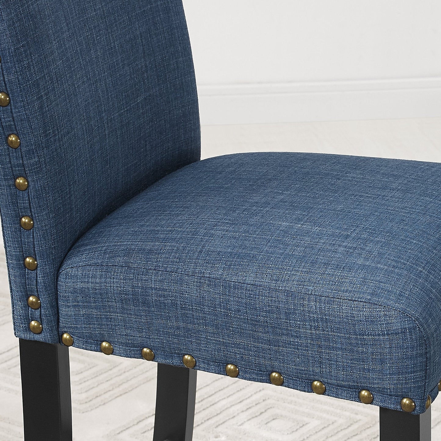 Roundhill Furniture Biony 5-Piece Wood Dining Set, Round Table with 4 Fabric Nailhead Chairs, Blue