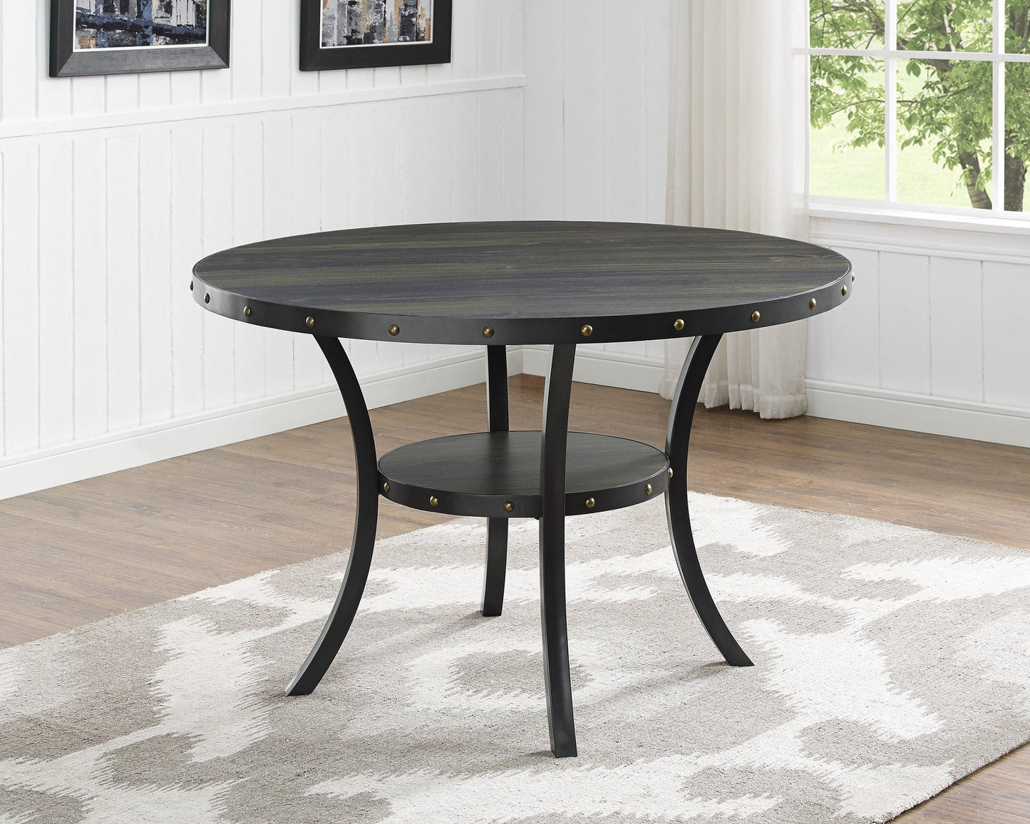 Roundhill Furniture Biony 5-Piece Wood Dining Set, Round Table with 4 Fabric Nailhead Chairs, Gray