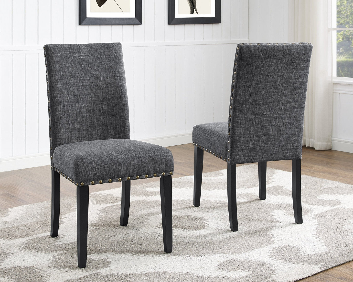 Roundhill Furniture Biony 5-Piece Wood Dining Set, Round Table with 4 Fabric Nailhead Chairs, Gray