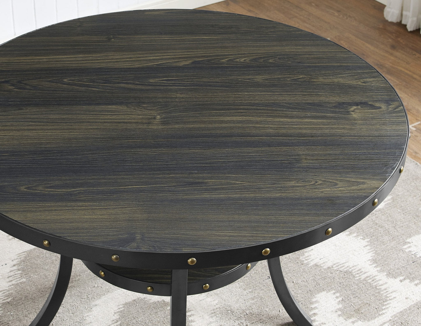 Roundhill Furniture Biony 5-Piece Wood Dining Set, Round Table with 4 Fabric Nailhead Chairs, Gray