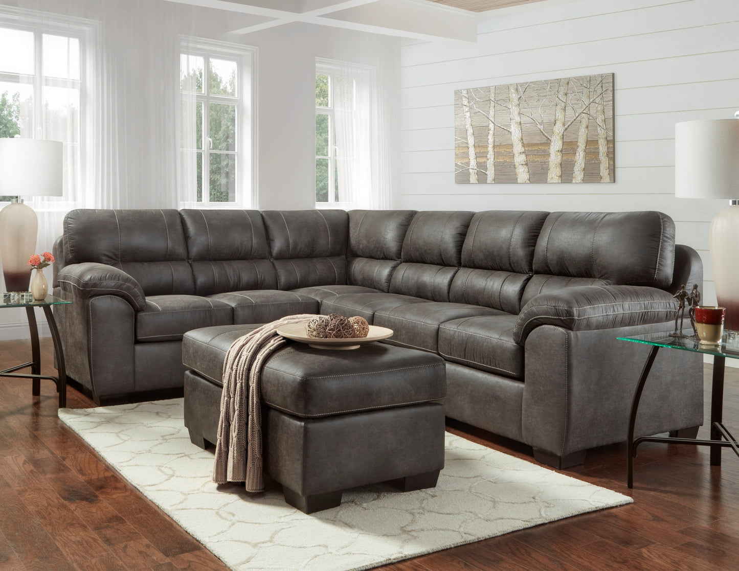 Tirana Contemporary Fabric Pillow-top Arm Sectional Sofa with Ottoman in Sequoia Ash
