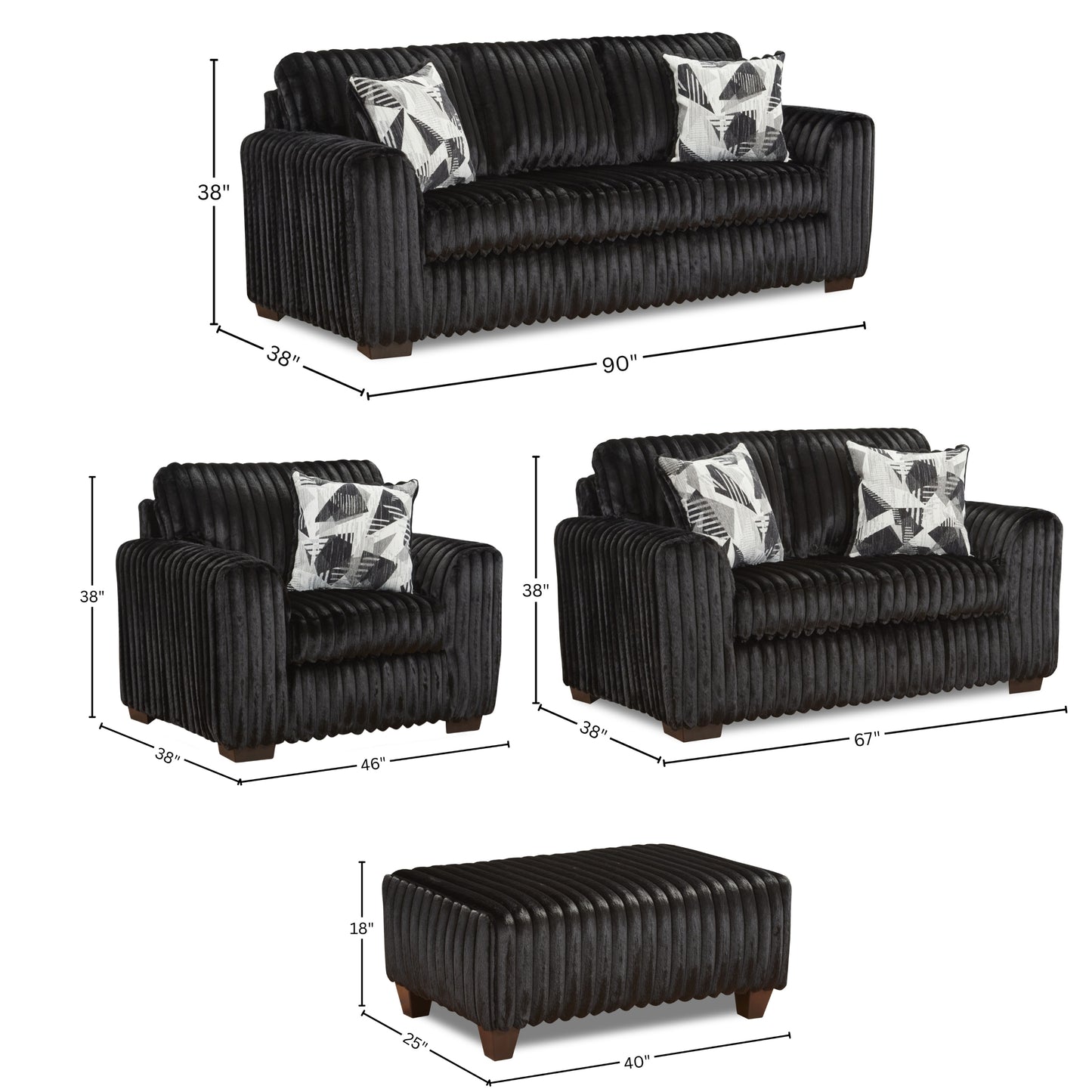 Roundhill Furniture Nolan 4-Piece Living Room Set, Sofa Loveseat Chair and Ottoman, Lush Black