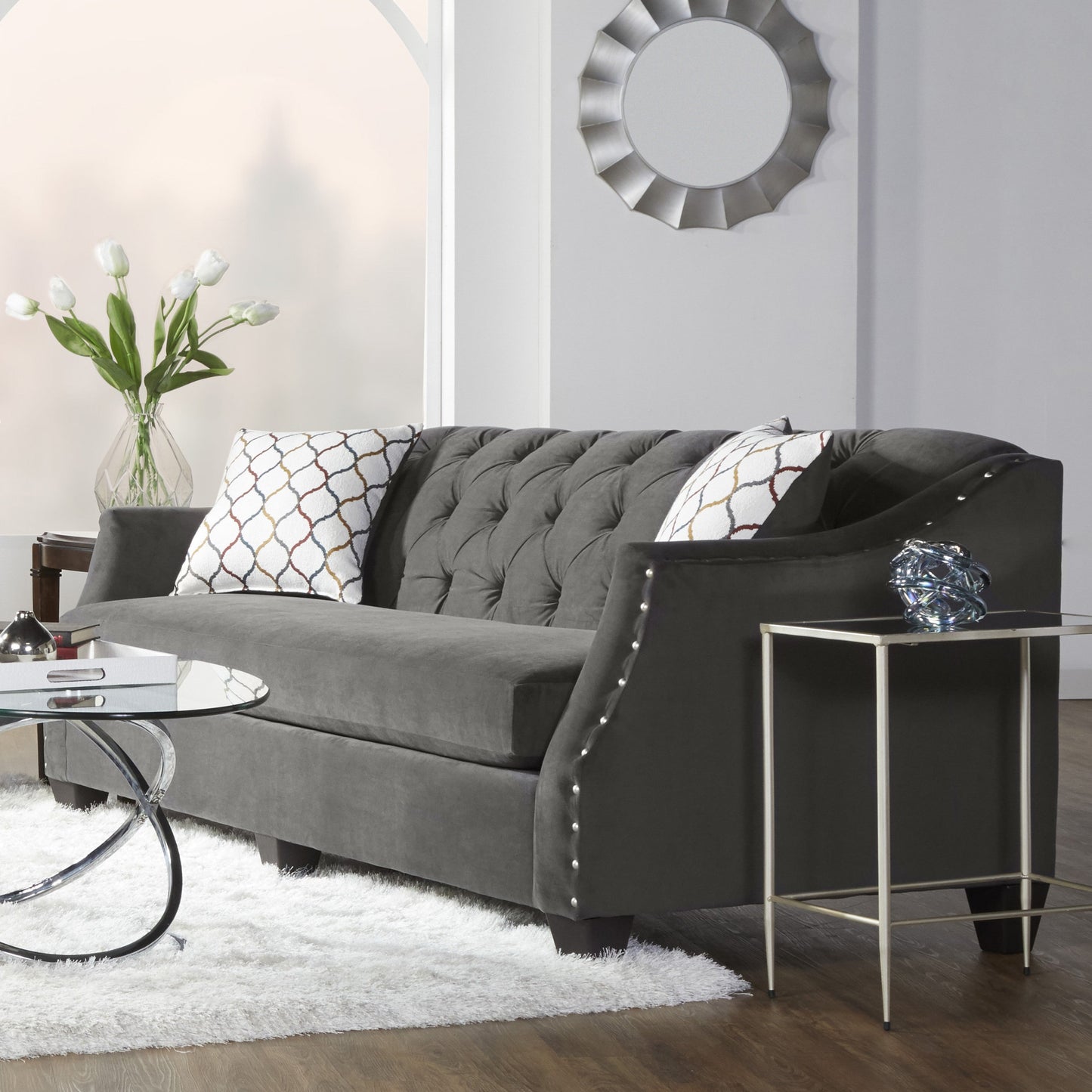 Moselle Transitional Modern Velvet Tufted Nailhead Trim Living Room Collection, Gray