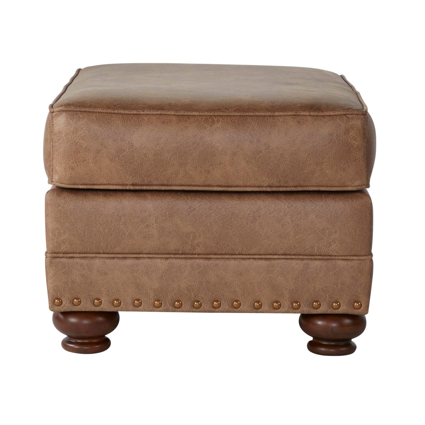 Leinster Faux Leather Ottoman with Antique Bronze Nailheads in Jetson Ginger