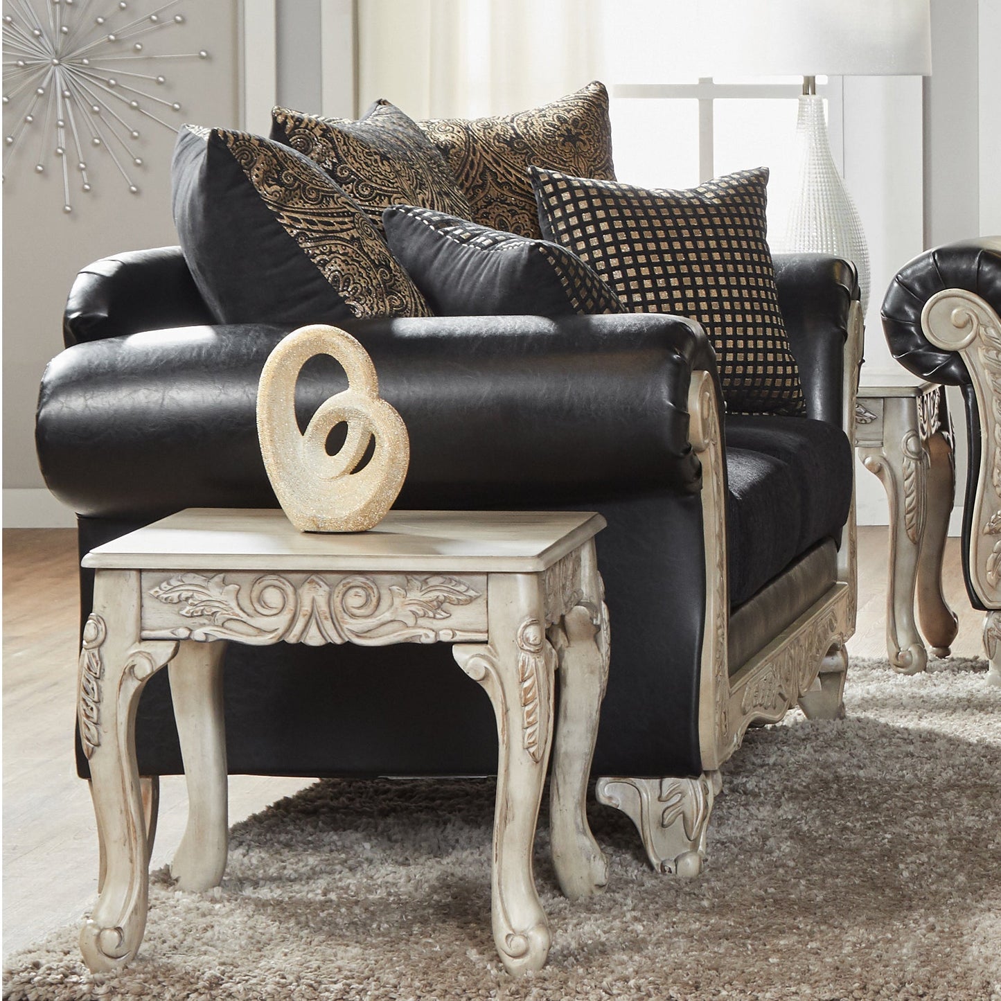 San Marino Wood Frame Faux Leather Loveseat in Ebony