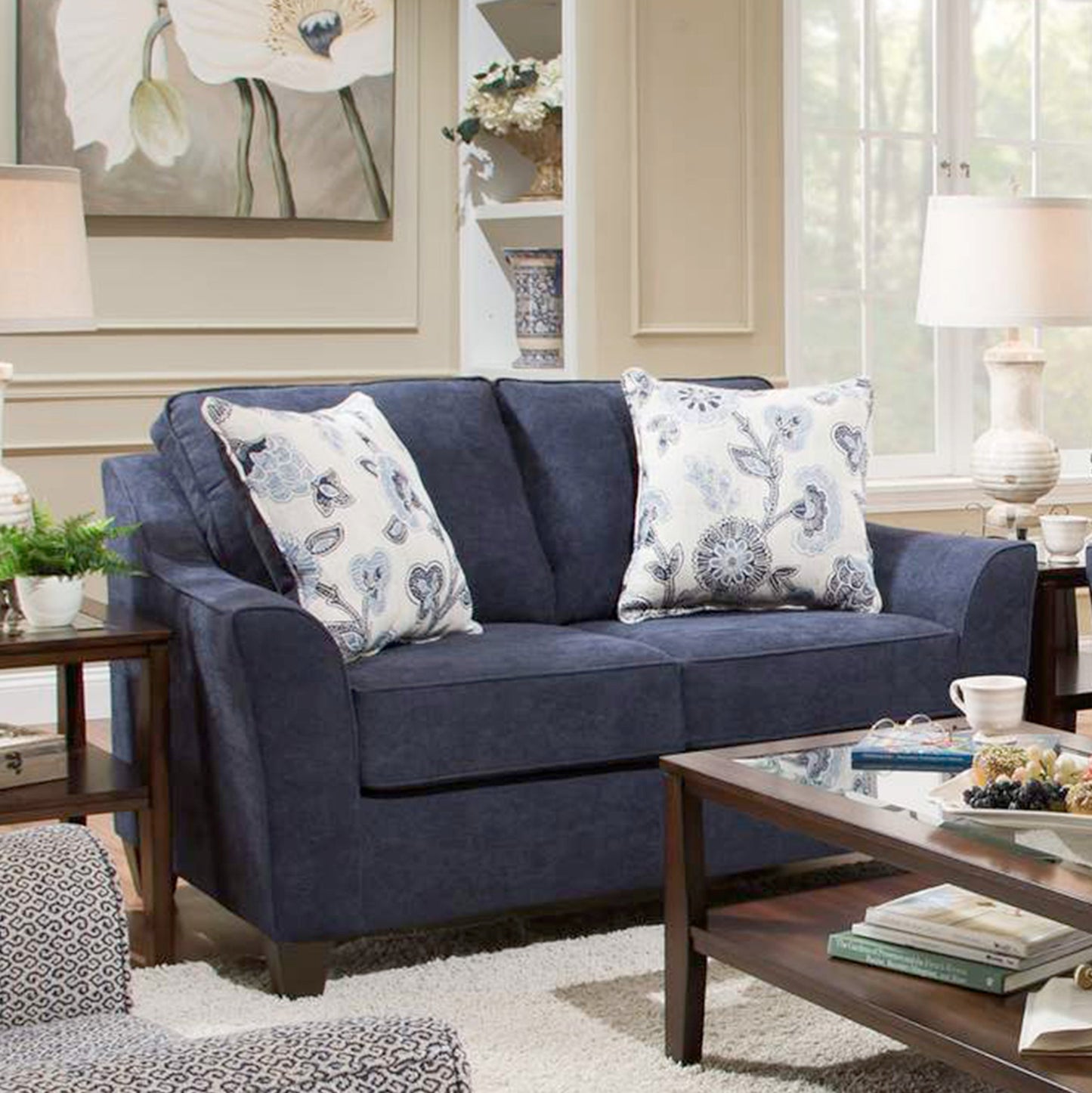 Alva Transitional Style Fabric Flared Arm Living Room Collection, Navy