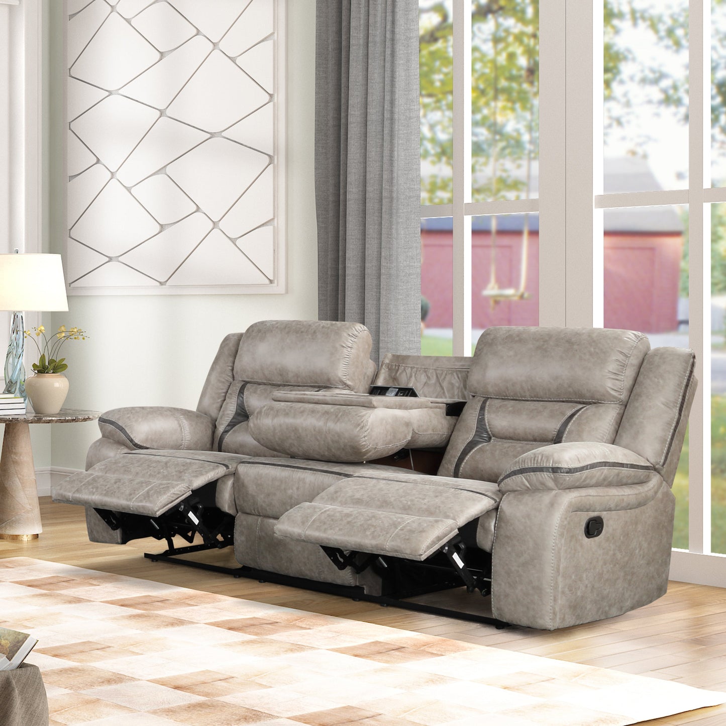 Elkton Manual Motion Reclining Sofa with Storage Console, Taupe