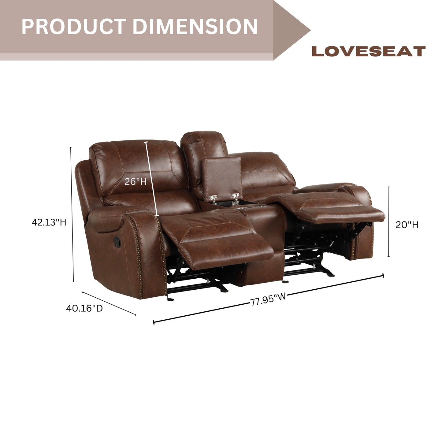Achern Brown Leather Nailhead Air Reclining Loveseat with Storage Console