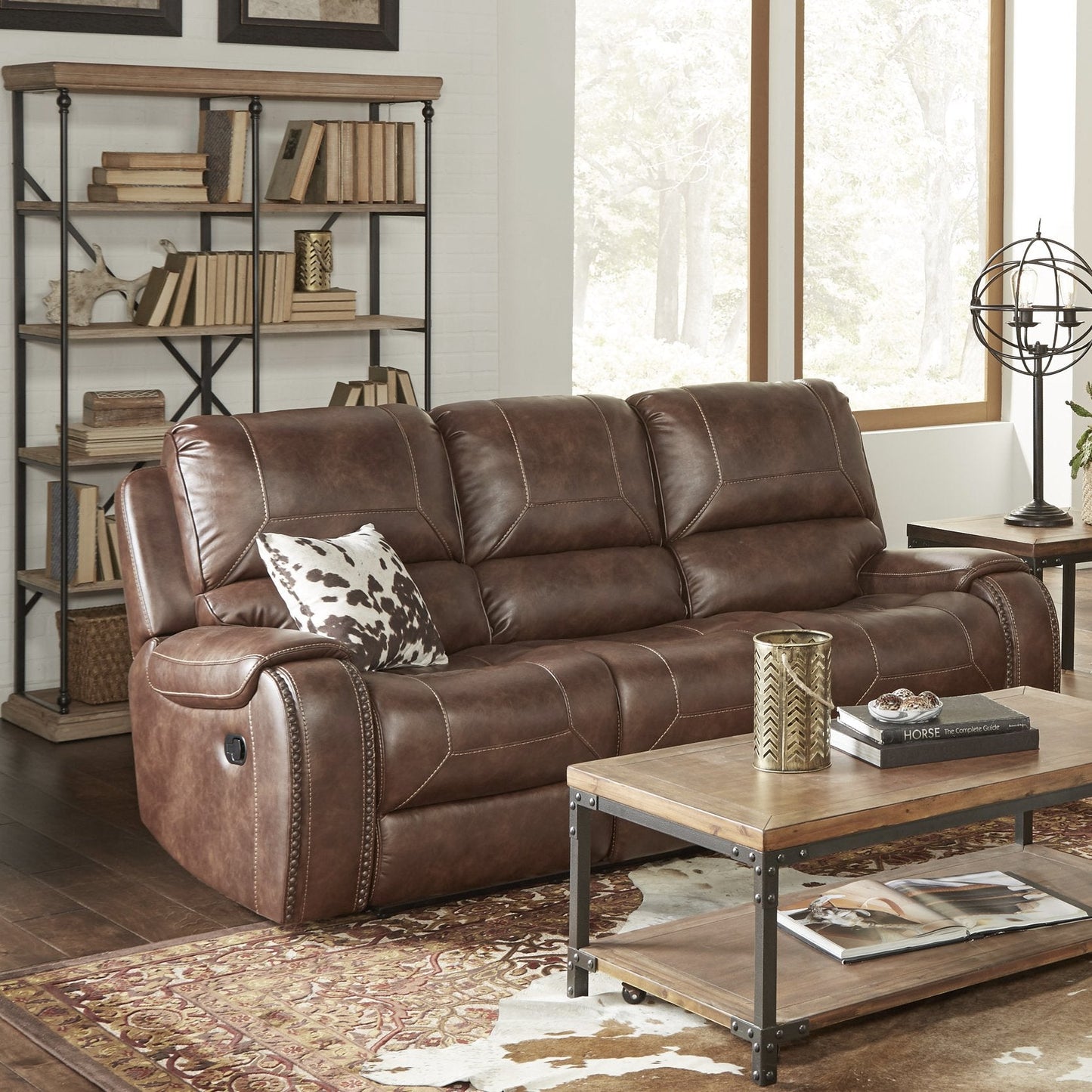 Achern Brown Leather Air Nailhead Reclining Sofa with Storage Console and USB Port