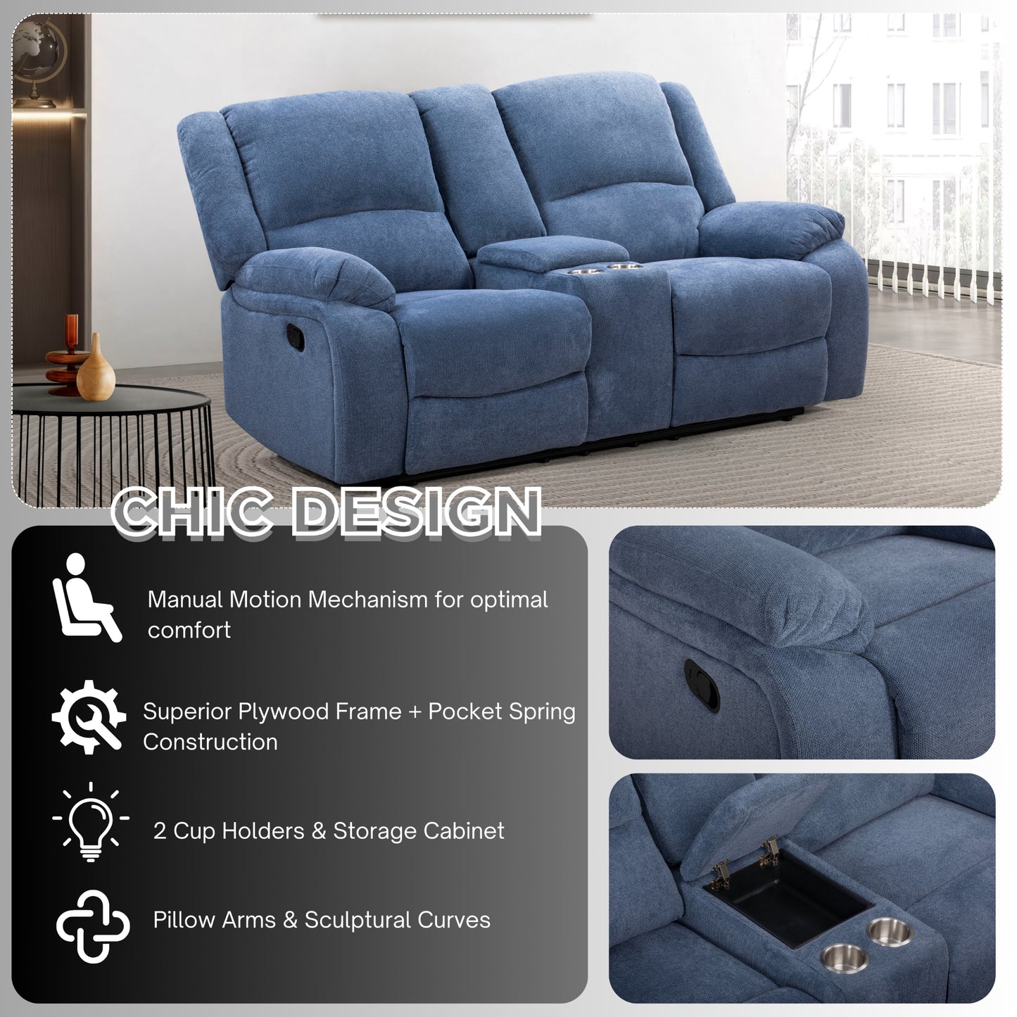 Roundhill Furniture Blitz Transitional Manual Reclining Loveseat, with Cup holders