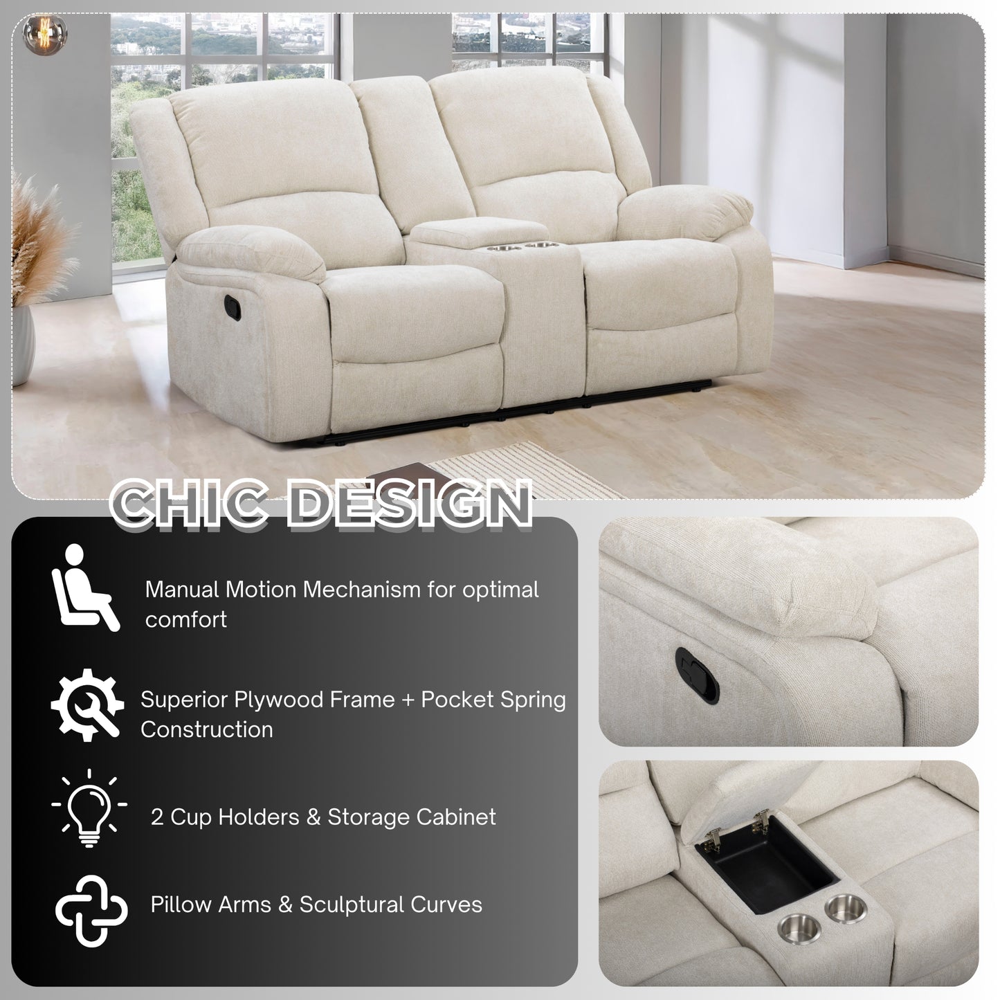 Roundhill Furniture Blitz Transitional Manual Reclining Loveseat, with Cup holders