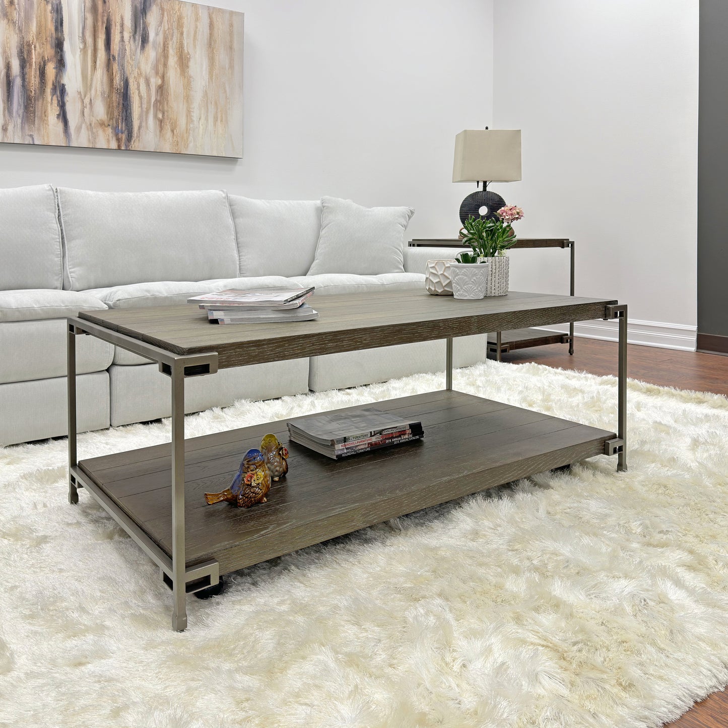 Roundhill Furniture Corbeta 3-Piece Metal Frame Wood Living Room Coffee Table and 2 End Tables Set, Aged Graphite