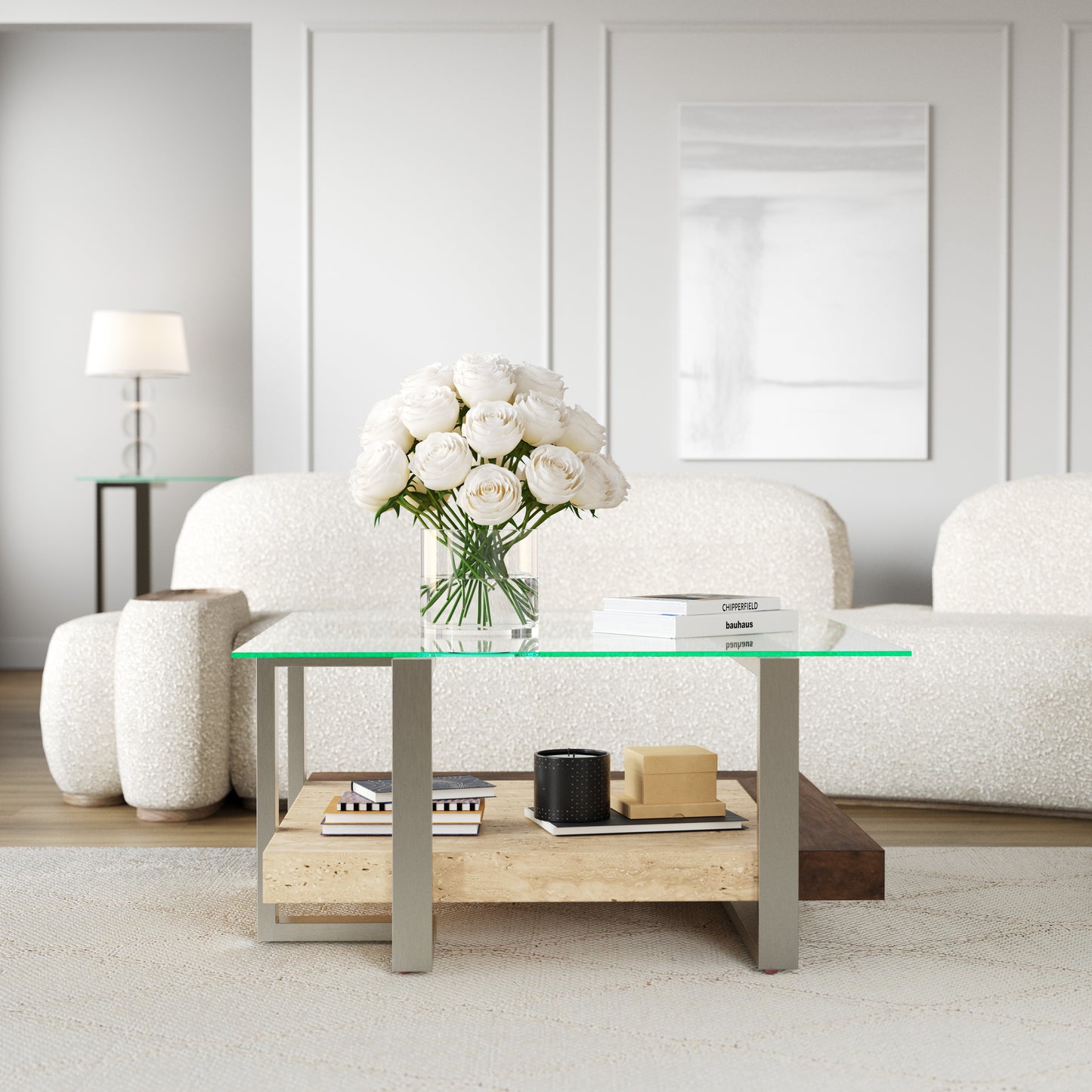 Roundhill Furniture Andes Glass Square Coffee Table with Marble Shelf, Polished Nickel Finish