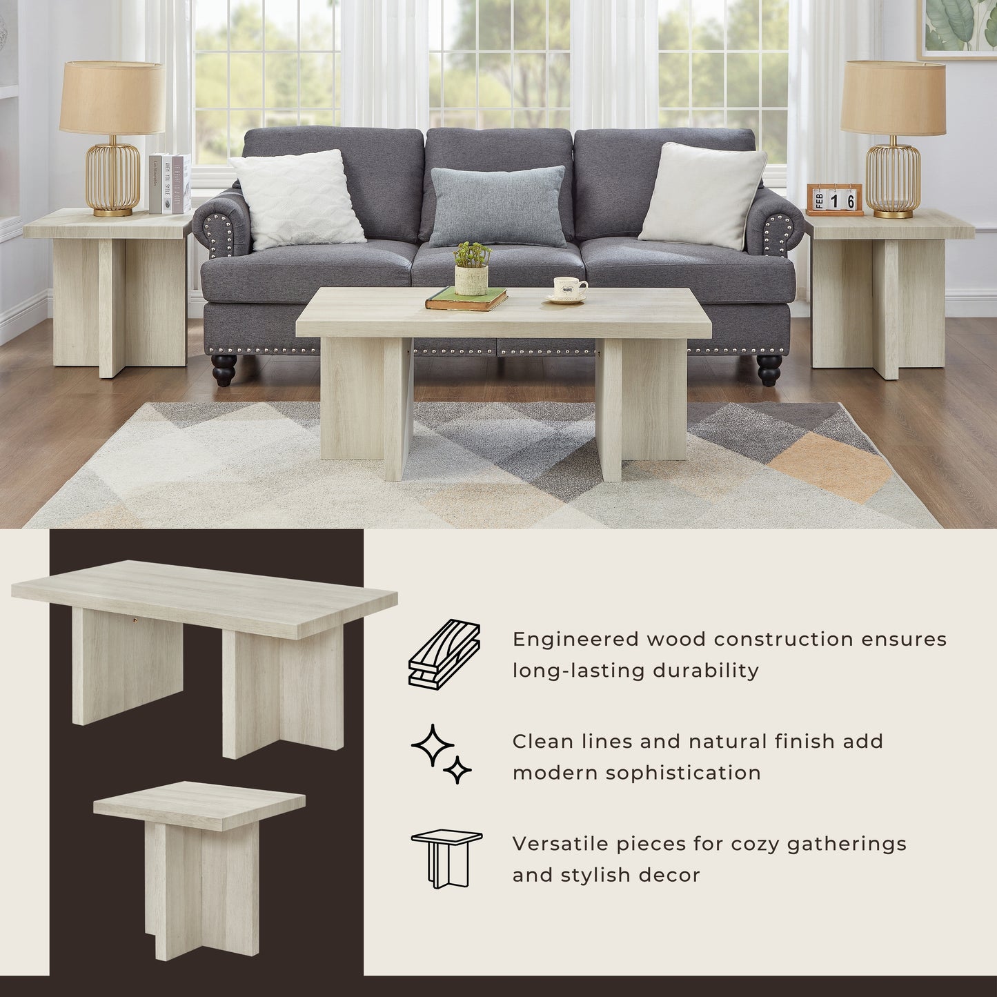 Roundhill Furniture Mchome 3-Piece Coffee Table Set, Coffee Table and Two End Tables