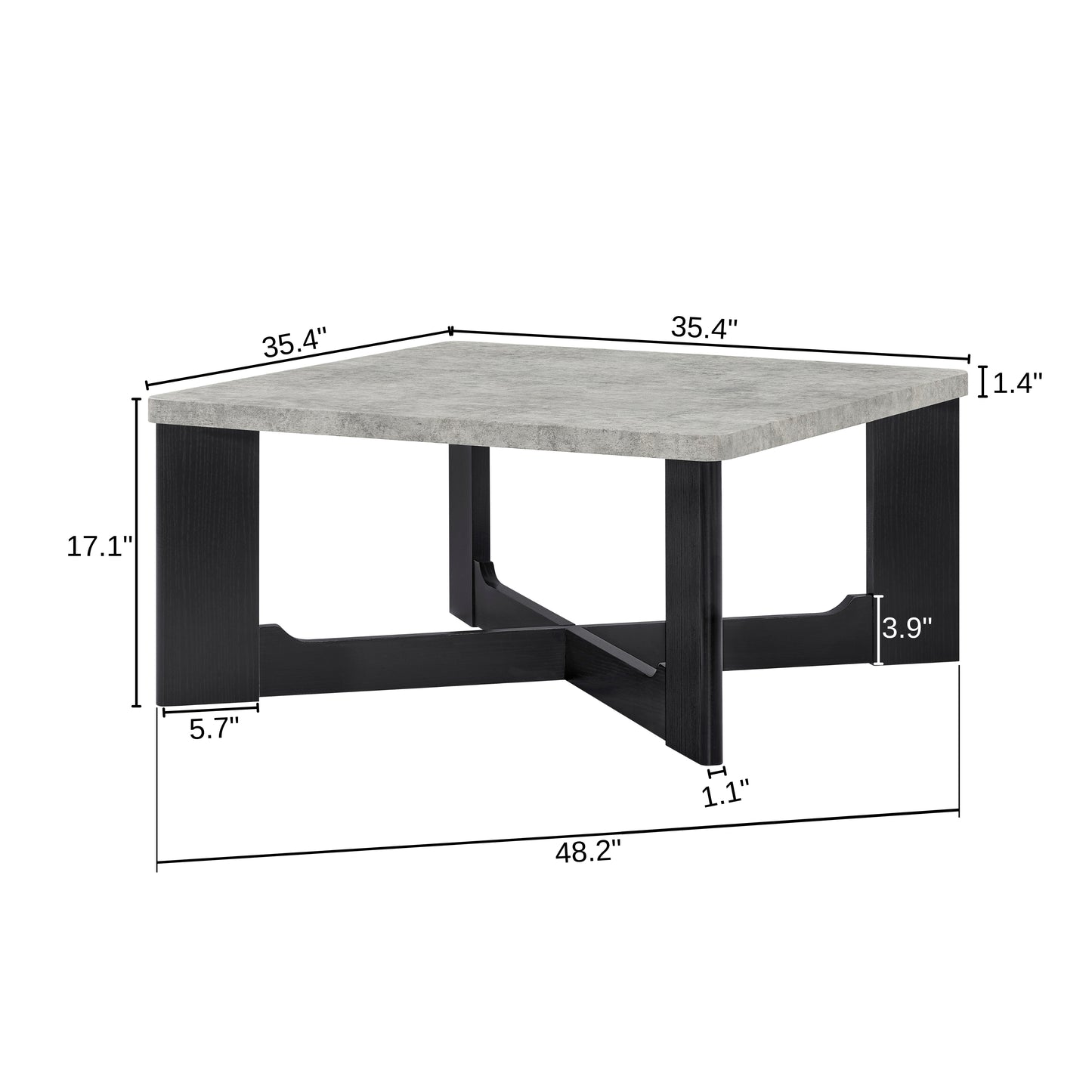 Roundhill Furniture Levitus Modern Square Coffee Table, Faux Concrete Tabletop with Black Wood Grain Finish