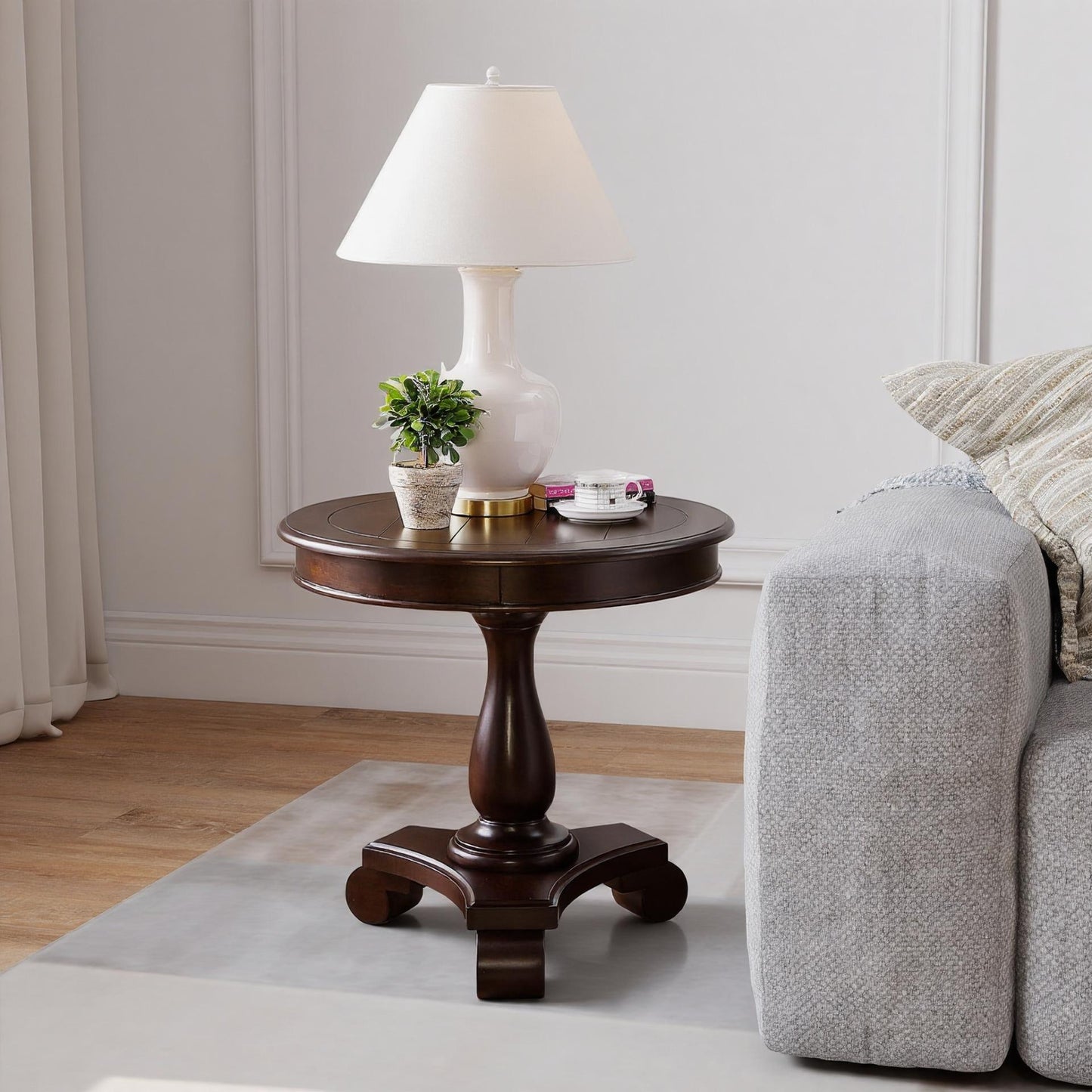 Rene Espresso Round Wood Pedestal Side Table