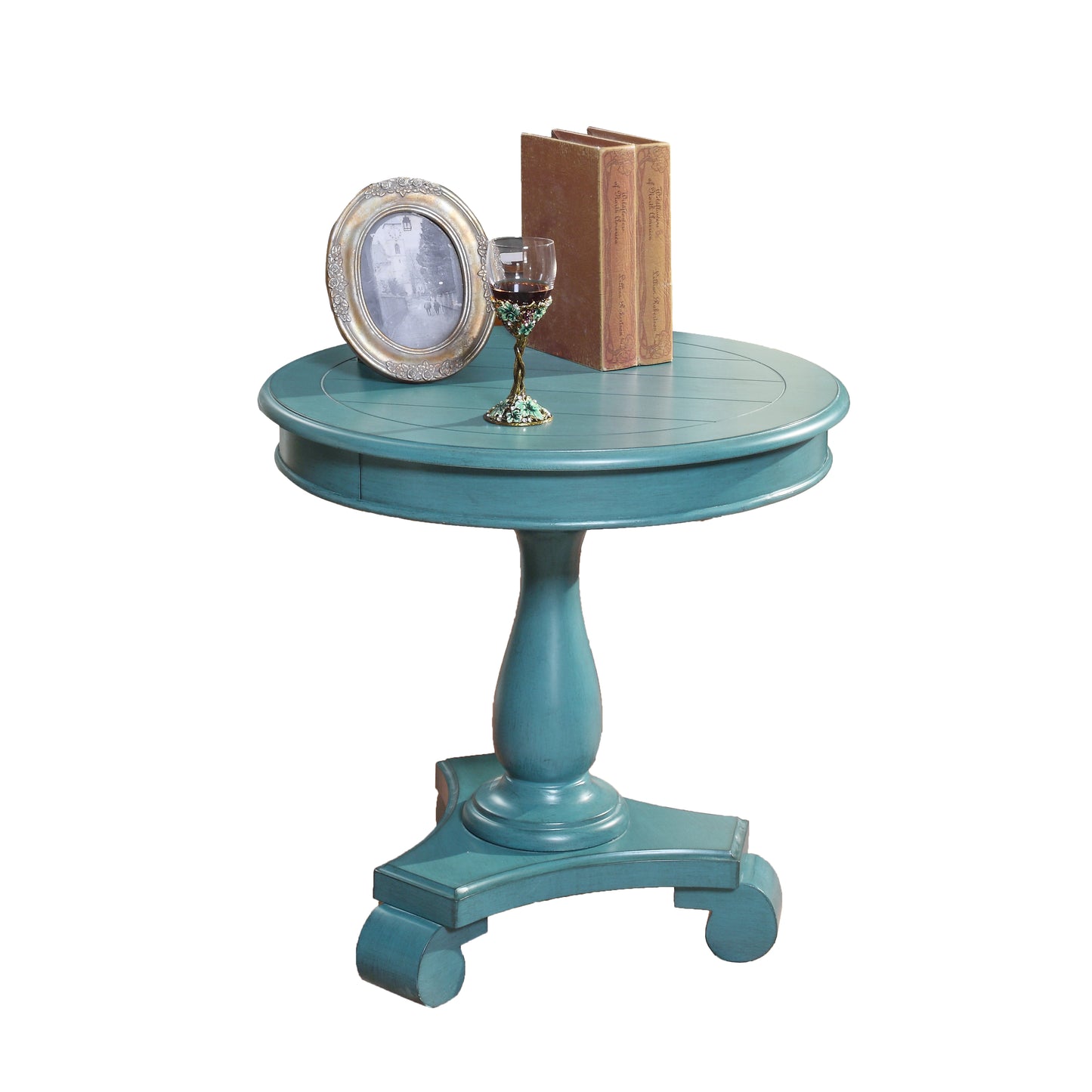 Roundhill Furniture Rene Round Wood Pedestal Side Table, Teal