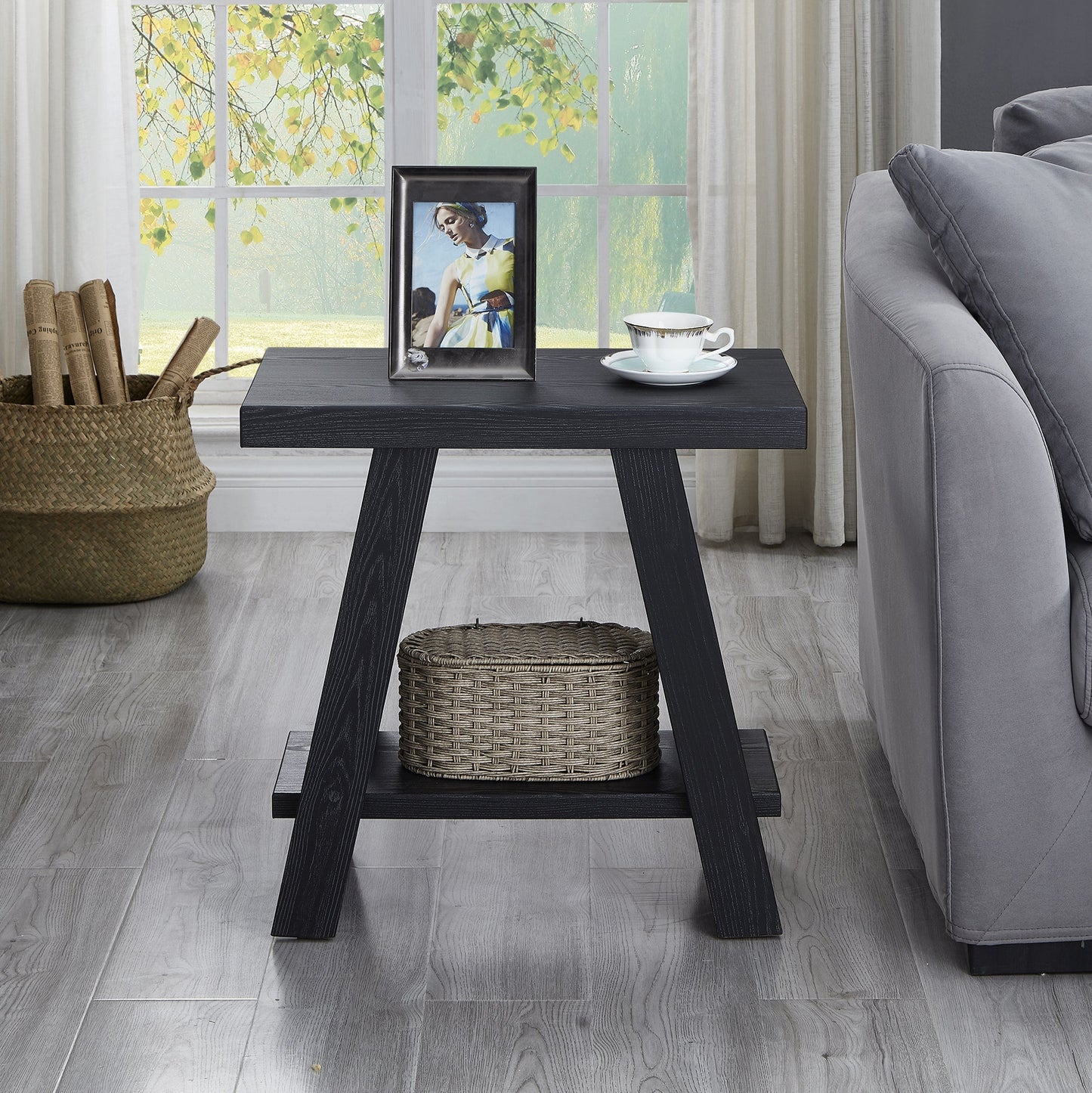 Roundhill Furniture Athens Contemporary Wood Shelf Side Table in Black Finish