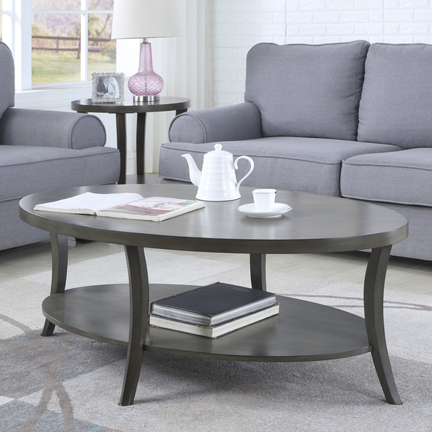 Roundhill Furniture Perth Contemporary 3-Piece Oval Coffee Table with End Tables Set, Gray