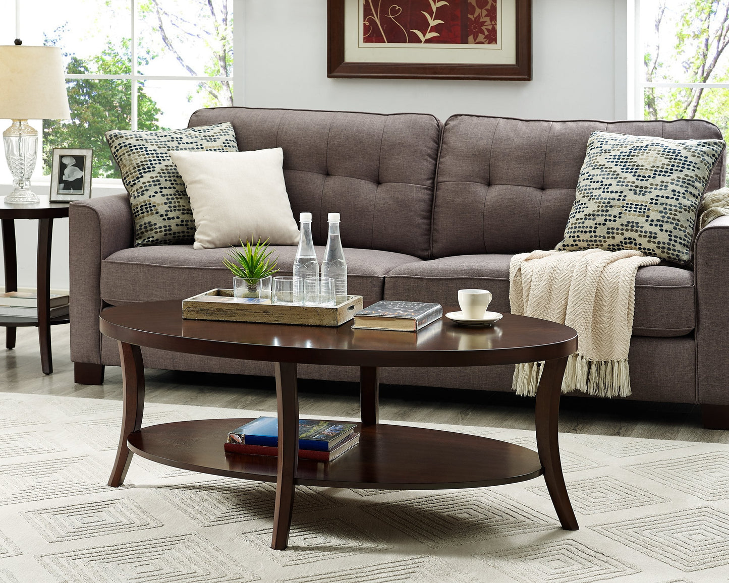 Roundhill Furniture Perth Contemporary 3-Piece Oval Coffee Table with End Tables Set, Espresso