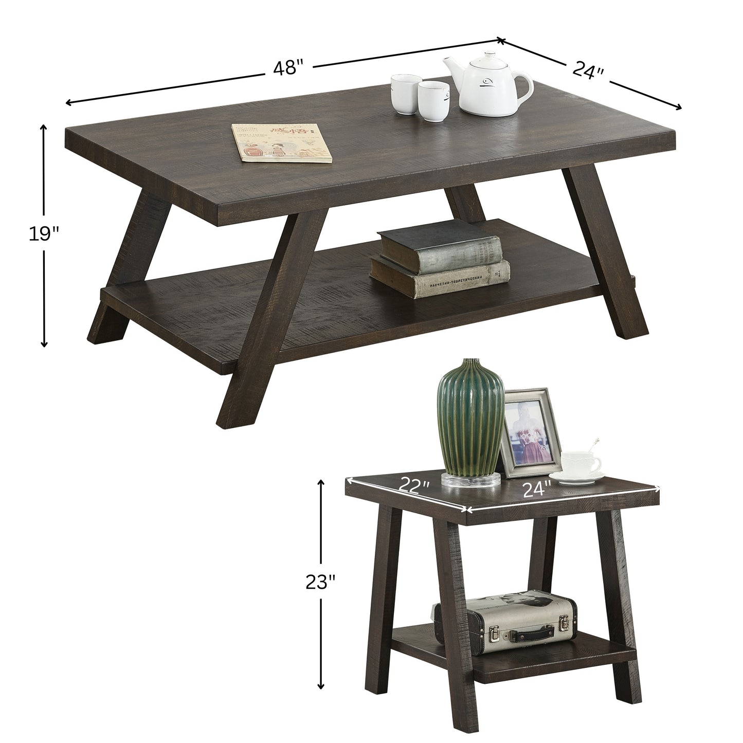 Athens Contemporary 3-Piece Wood Shelf Coffee Table Set in Weathered Espresso