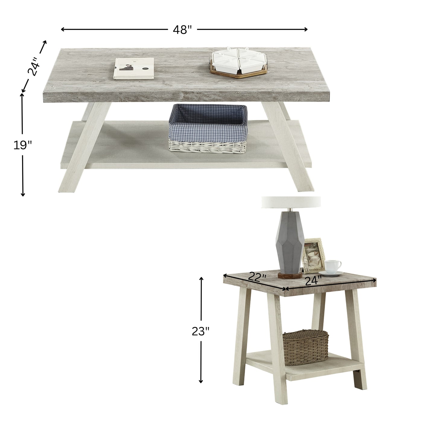 Athens Contemporary 3-Piece Wood Shelf Coffee Table Set in Weathered Gray and Beige