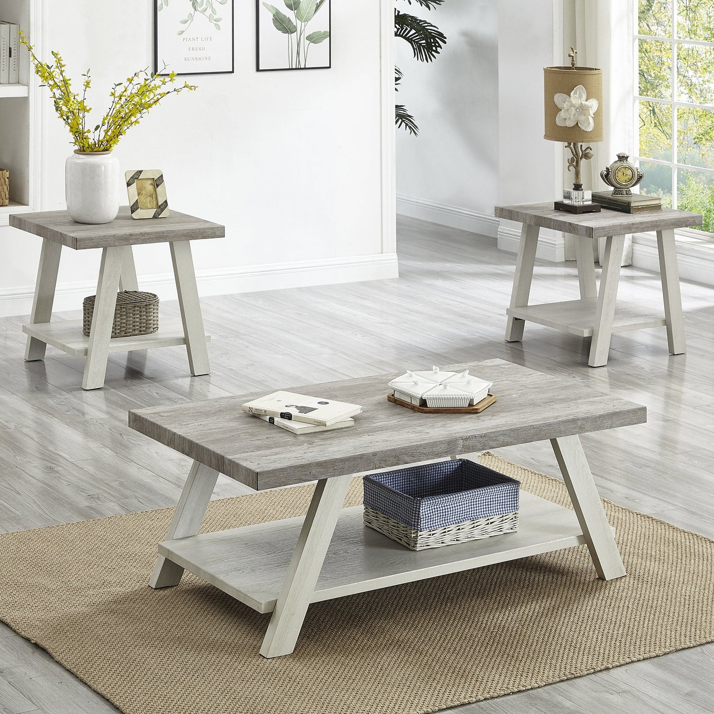 Roundhill Furniture Athens Contemporary 3-Piece Wood Shelf Coffee Table Set in Weathered Gray and Beige