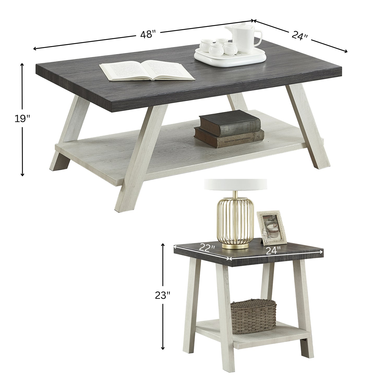 Athens Contemporary 3-Piece Wood Shelf Coffee Table Set in Weathered Charcoal and Beige