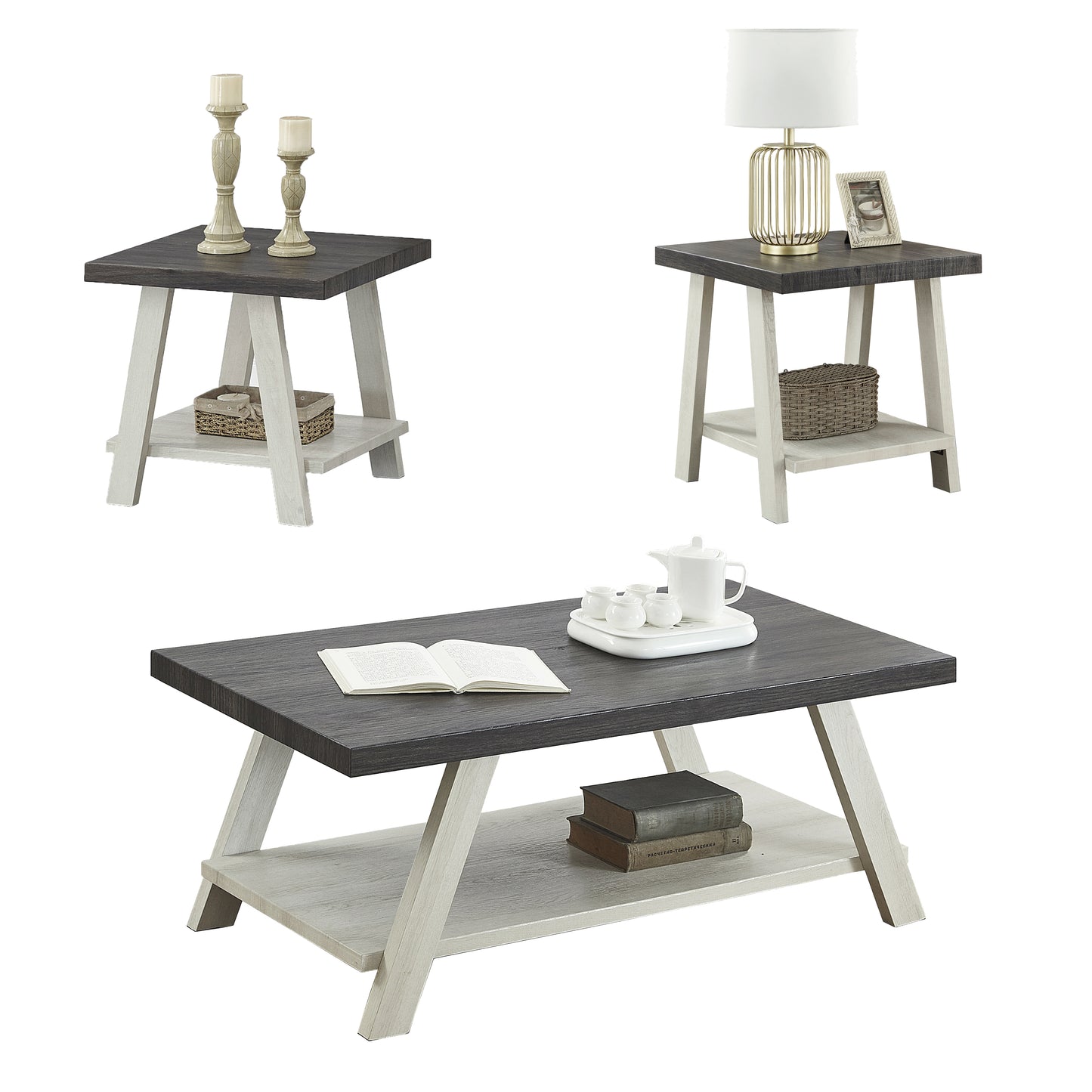 Roundhill Furniture Athens Contemporary 3-Piece Wood Shelf Coffee Table Set in Weathered Charcoal and Beige