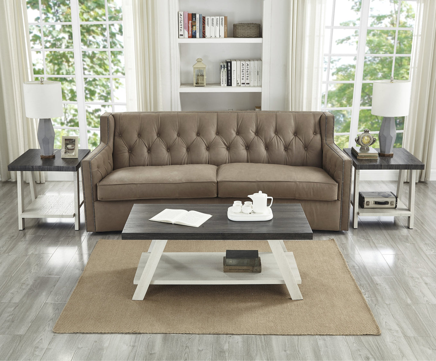Roundhill Furniture Athens Contemporary 3-Piece Wood Shelf Coffee Table Set in Weathered Charcoal and Beige