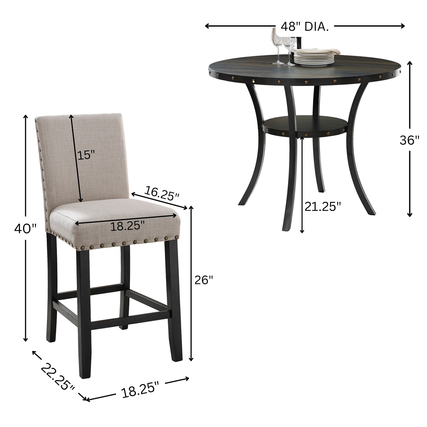 Biony Espresso Wood Counter Height Dining Set with Tan Fabric Nailhead Stools